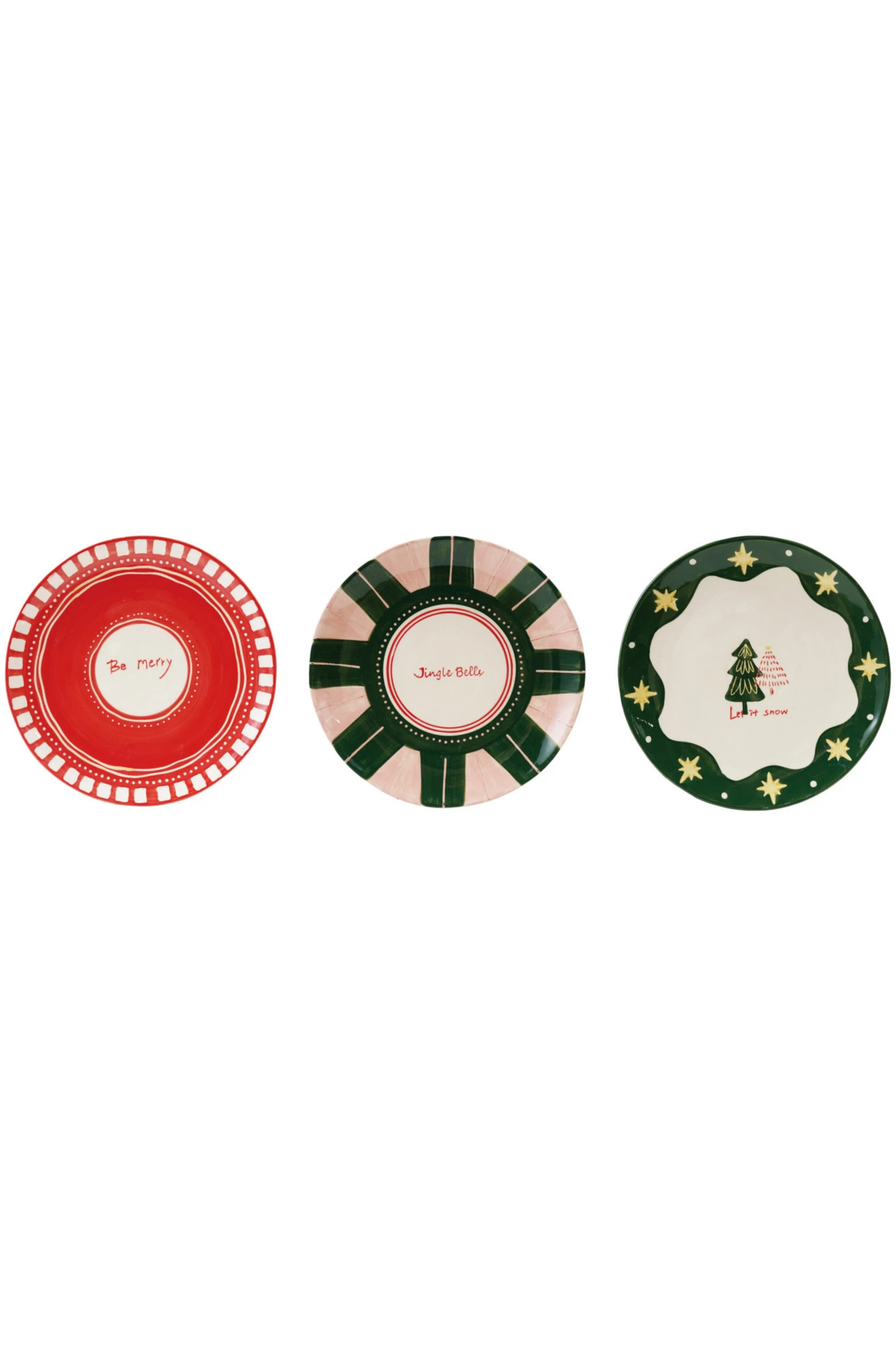 Three decorative plates with festive designs on a white background