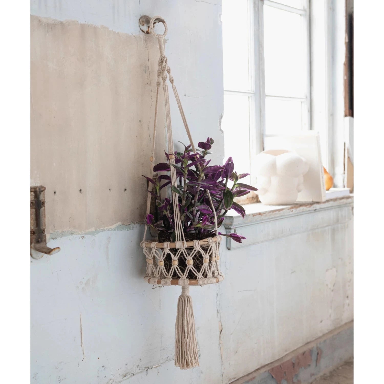 Hand-Woven Cotton Macrame & Rattan Plant Hanger With Wood Beads 