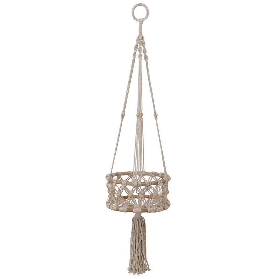 macrame plant hanger with wood Hand-Woven Cotton Macrame & Rattan Plant Hanger With Wood Beads