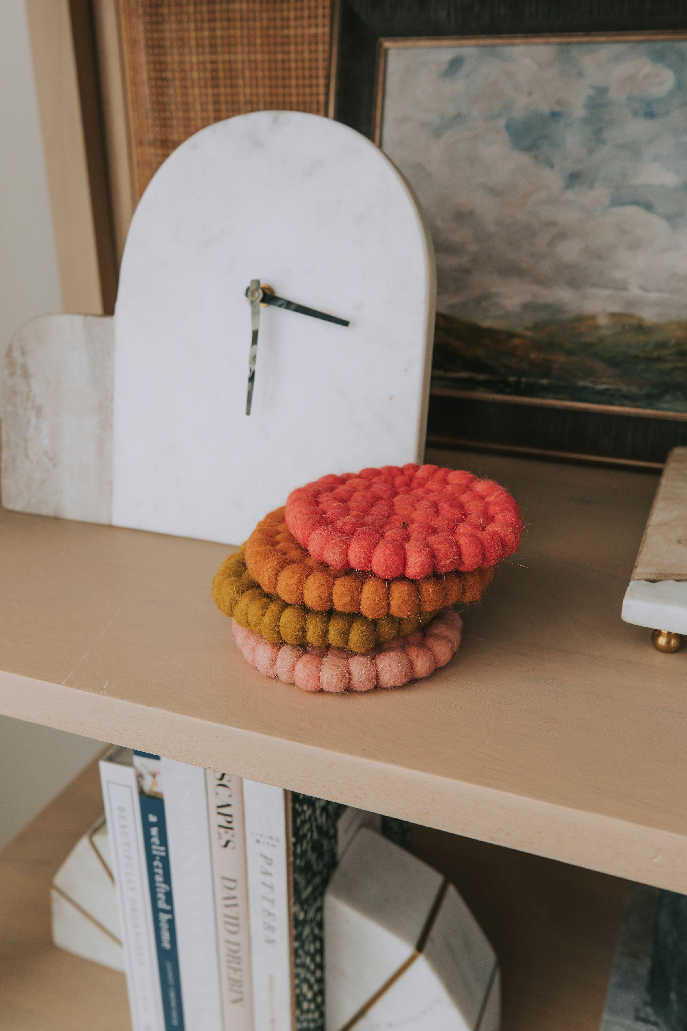 Stack of colorful wool coasters 