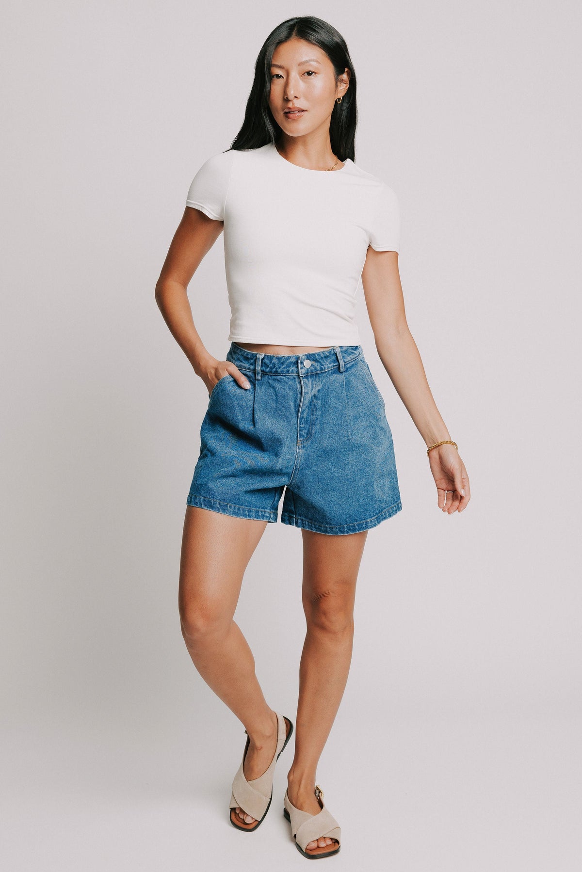 high waisted denim shorts with pleats front