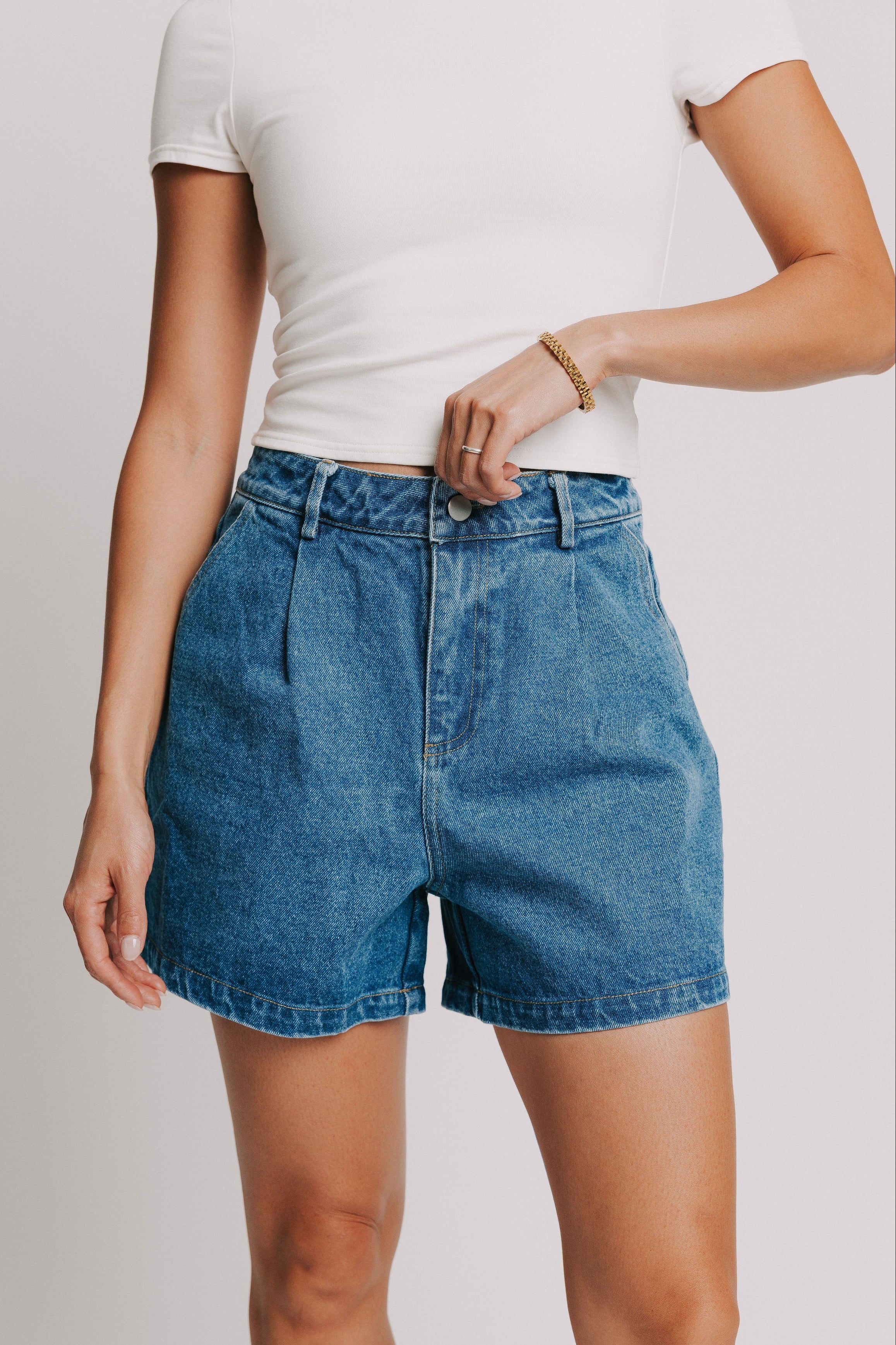 high waisted denim shorts with pleats