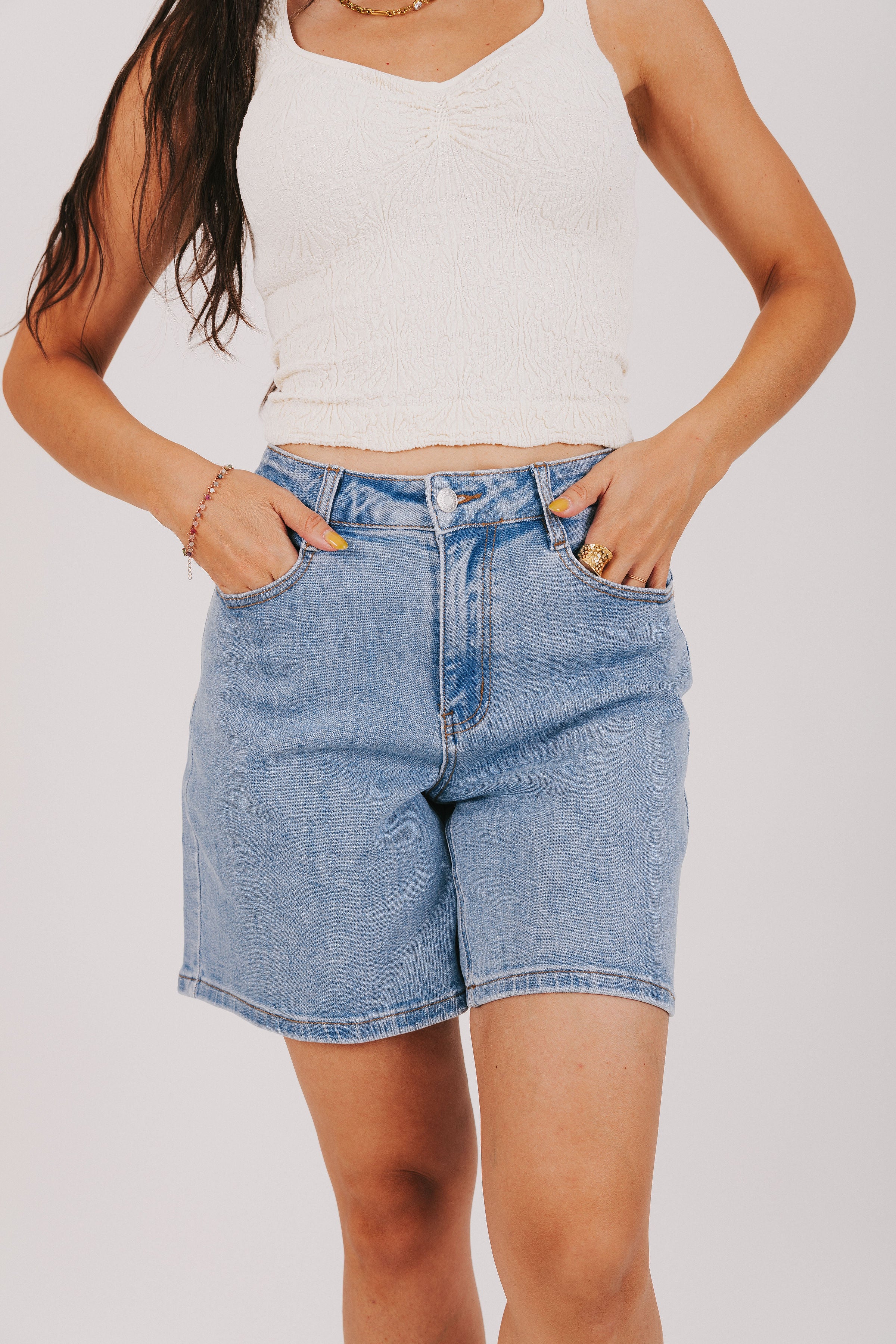 high waisted midi denim shorts