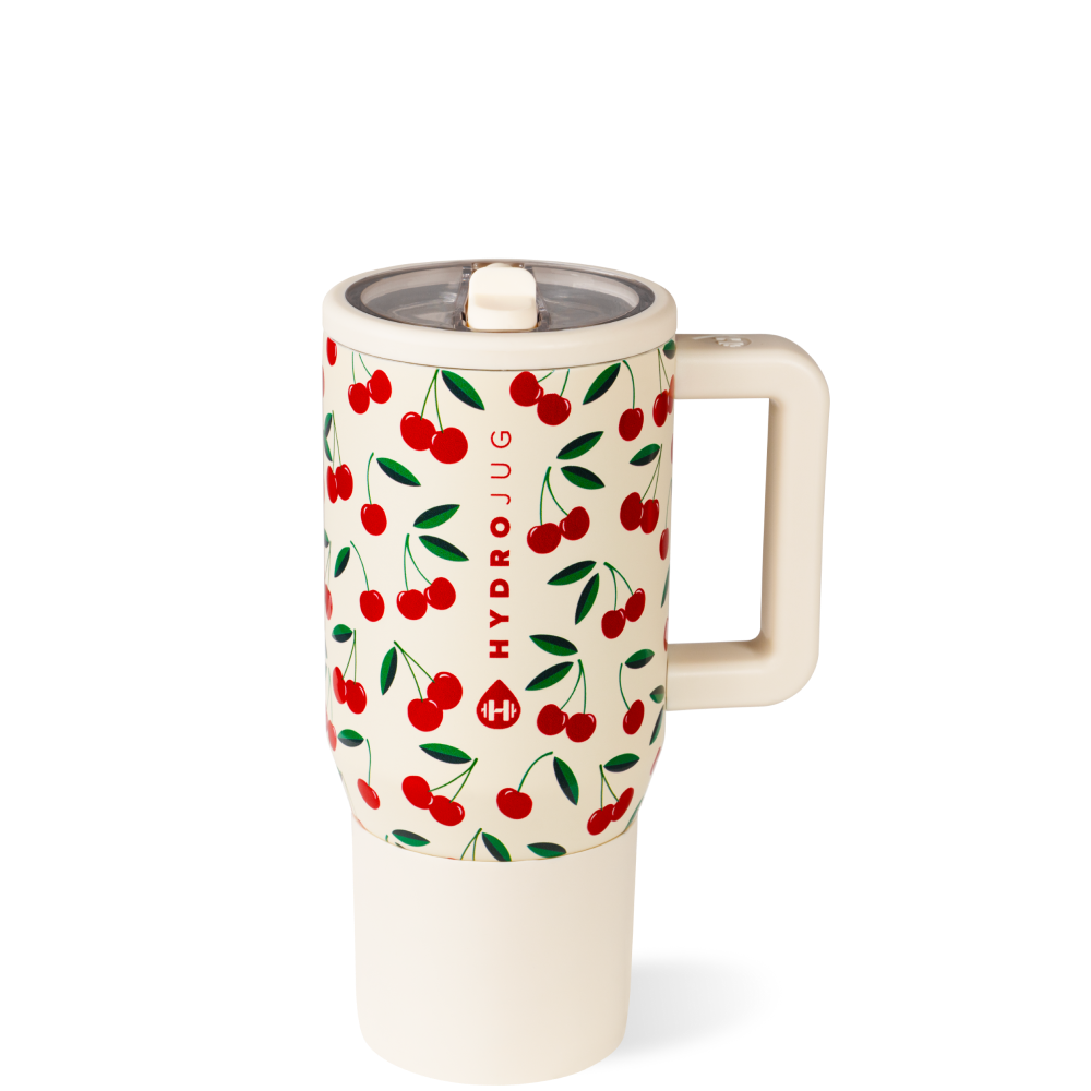 HYDROJUG - Traveler 20 oz - Cherries cream colored tumble with cherry print, side handle, and flip lid