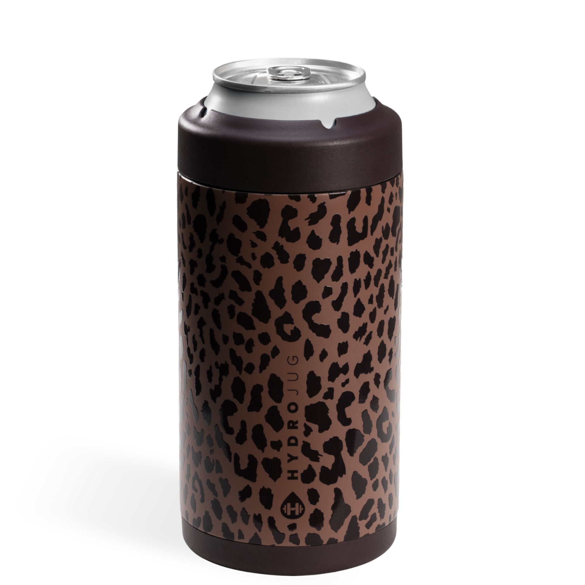 Brown leopard print can cooler with Hydro Flask logo on a white background