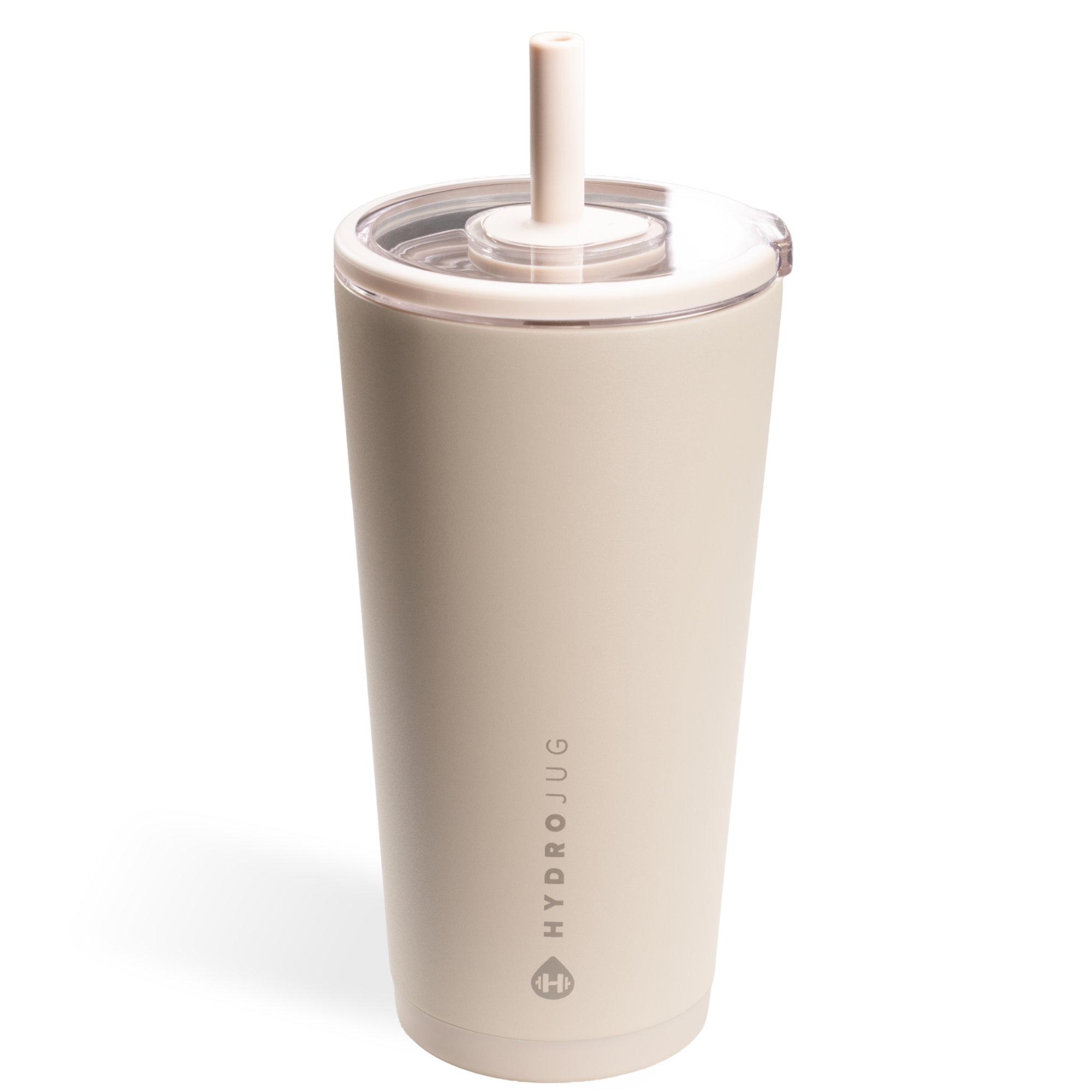Beige tumbler with rubber tipped straw on a white background from hydrojug
