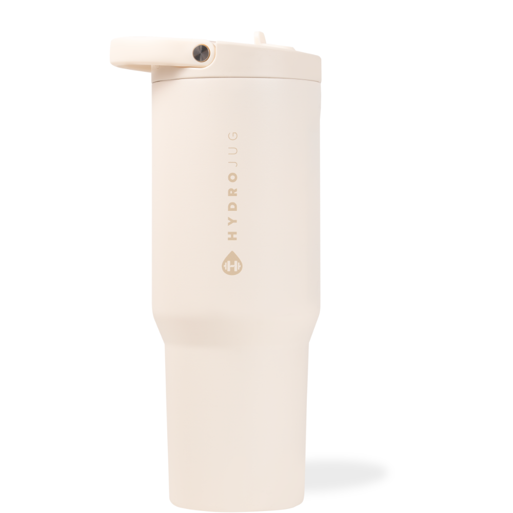 Cream colored HydroJug sport water bottle that can hold up to 32oz