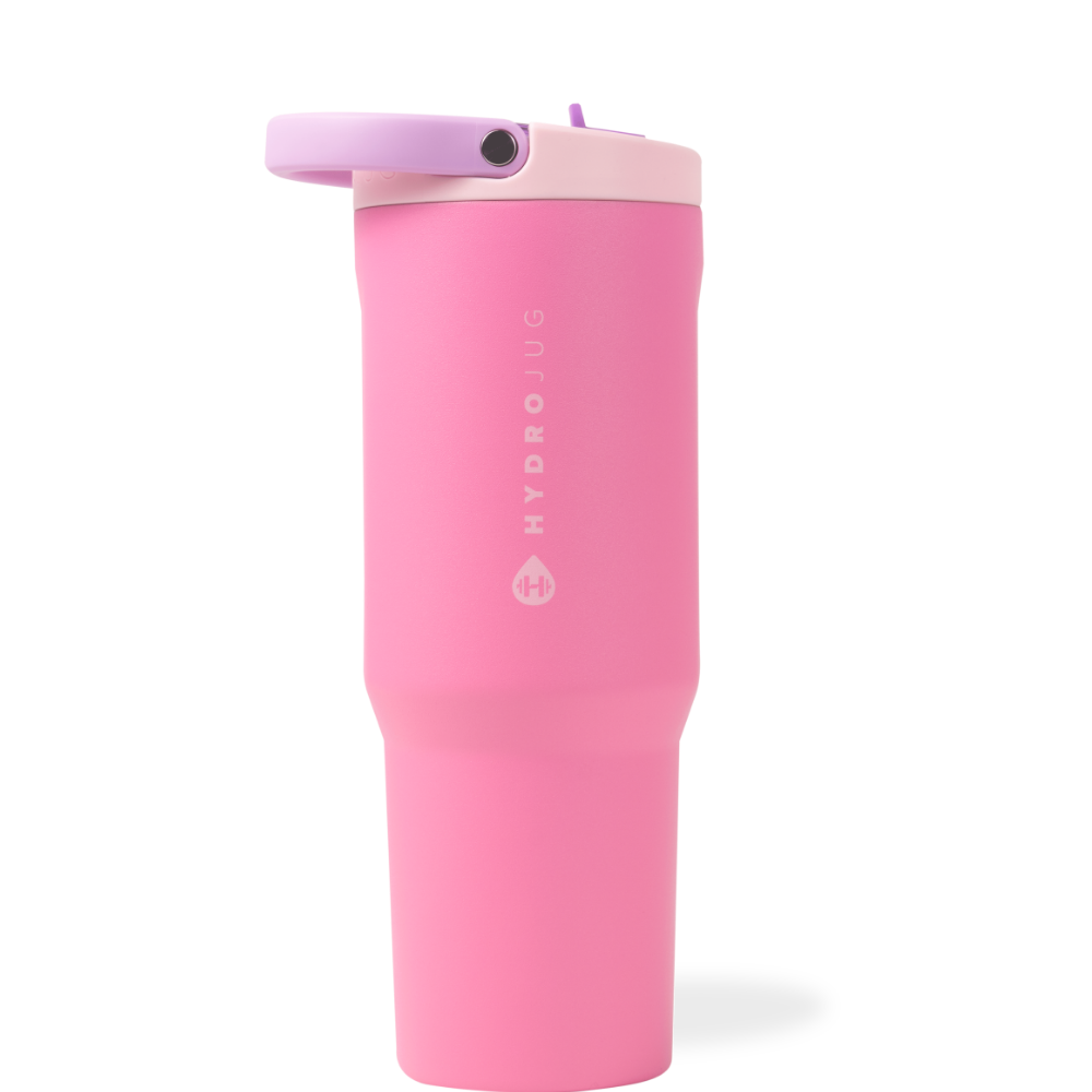 HYDROJUG - Sport 32 oz water bottle bright pink with an accent bucket handle and flip up straw 