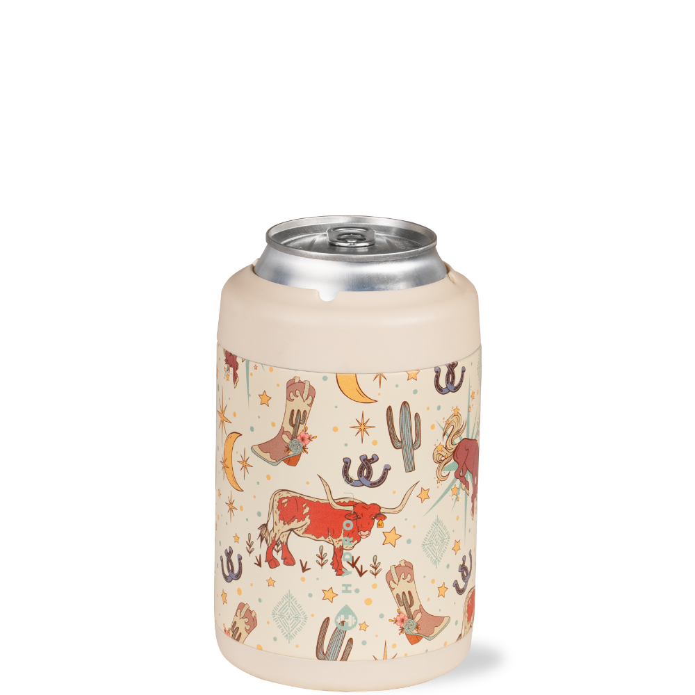 Can cooler with cowboy-themed design on a white background