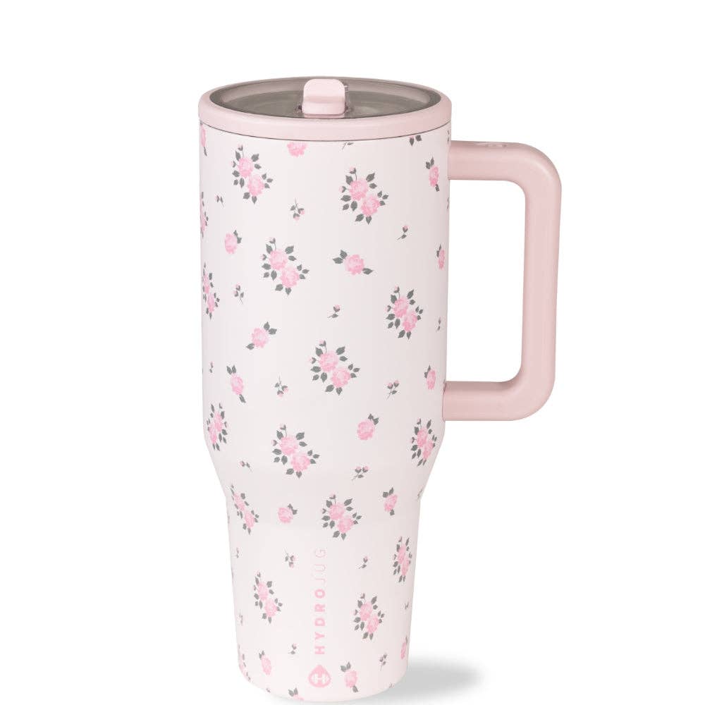 HYDROJUG - Traveler 32 oz - Wildrose - light pink with floral print, side handle and flip up lid