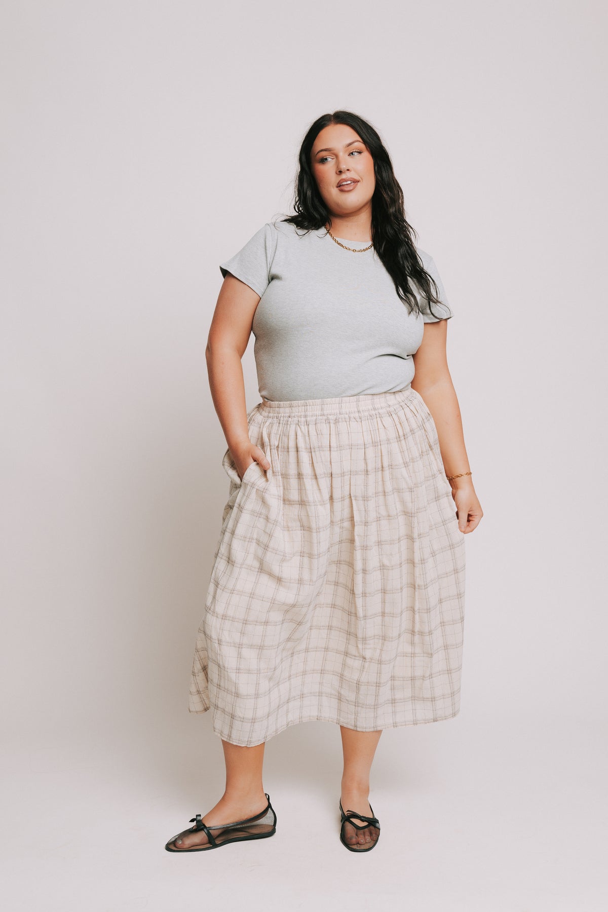 ivory and brown plaid midi skirt plus front