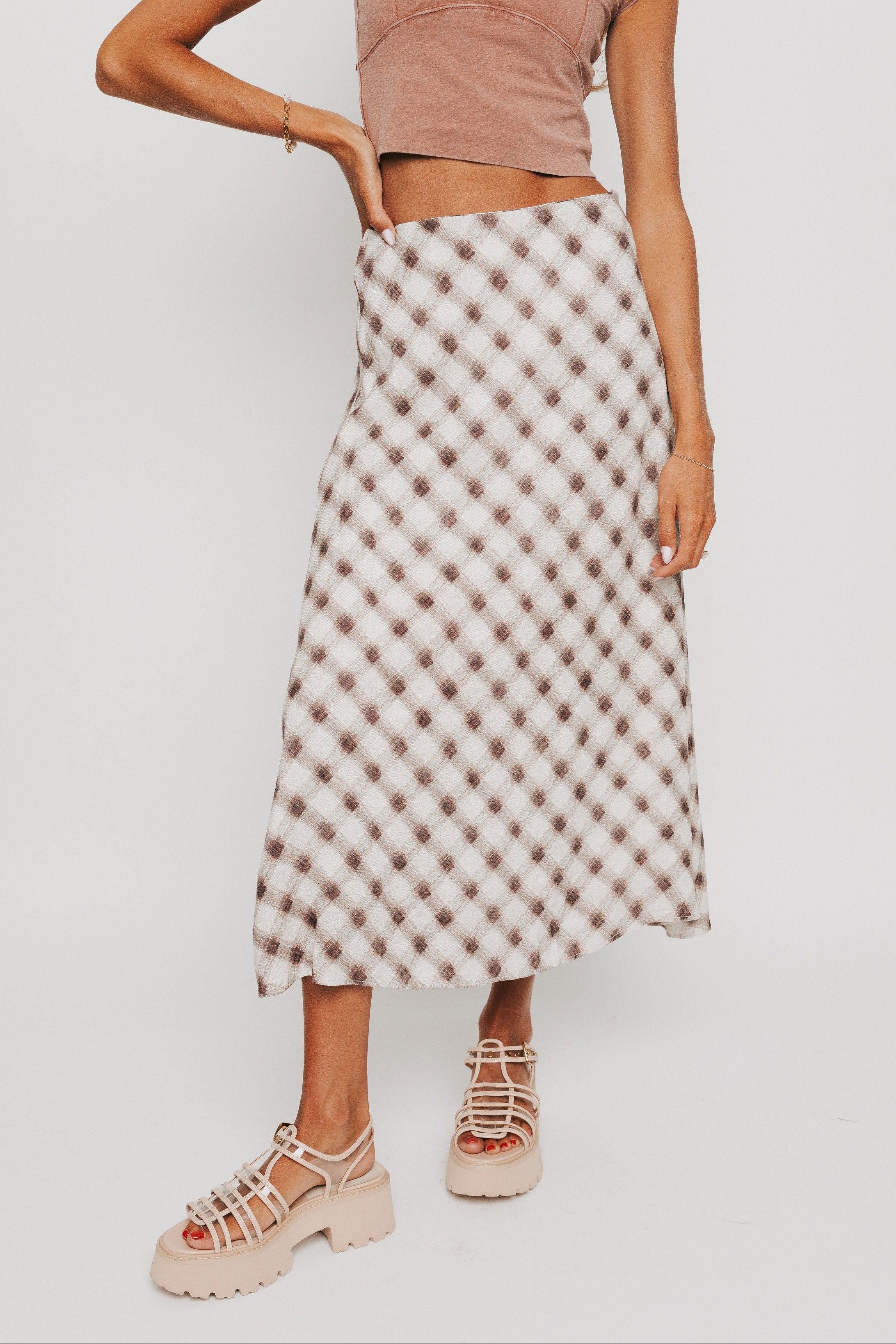 ivory and brown plaid midi skirt