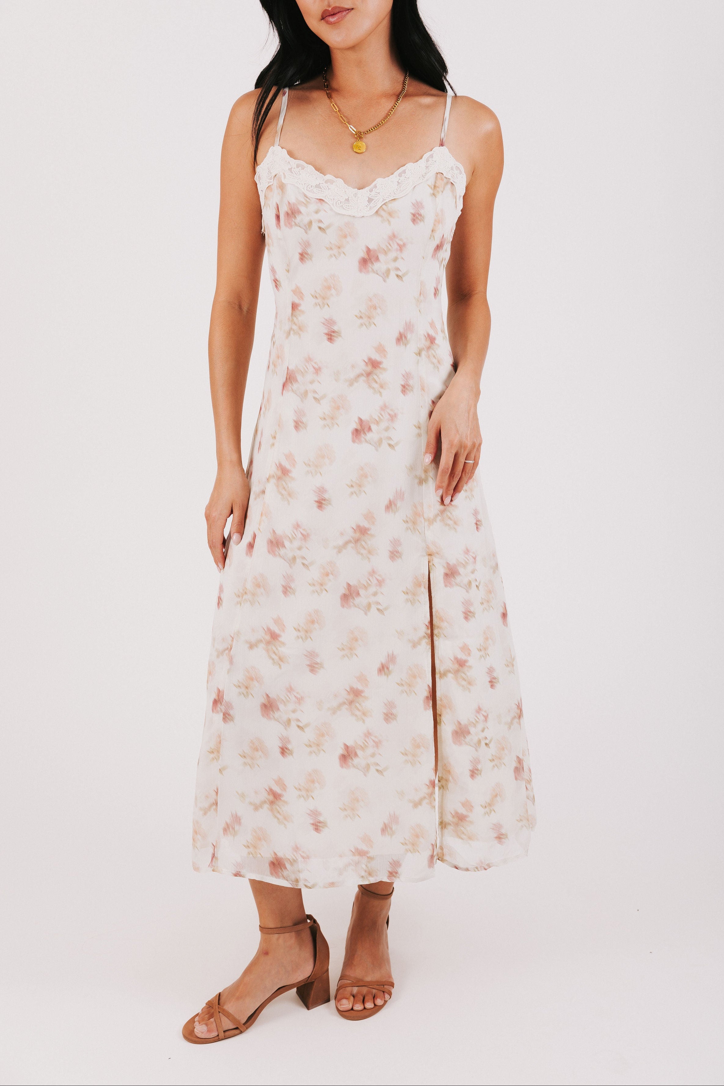 ivory and pink floral spaghetti strap dress with lace neckline