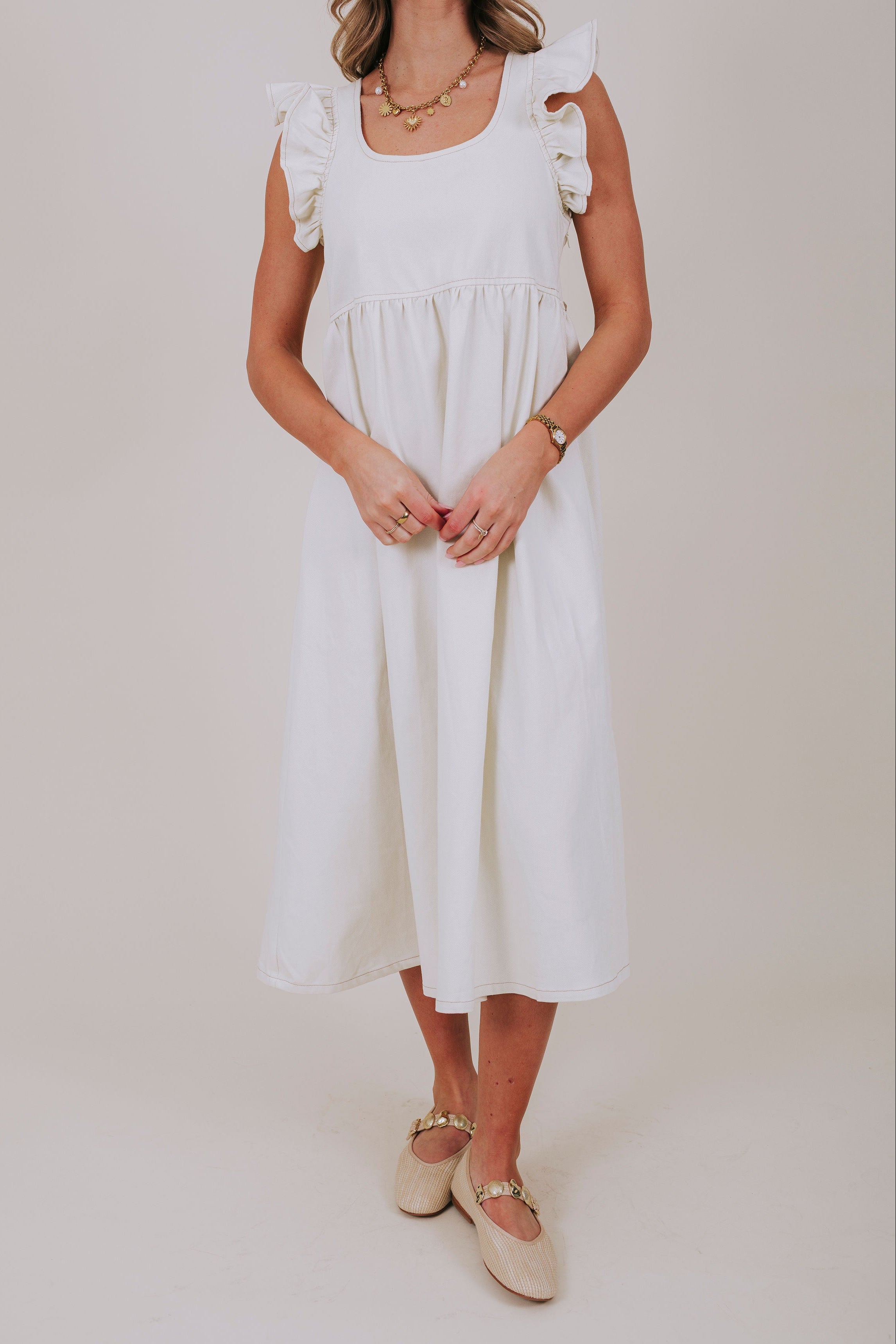 ivory denim midi dress front