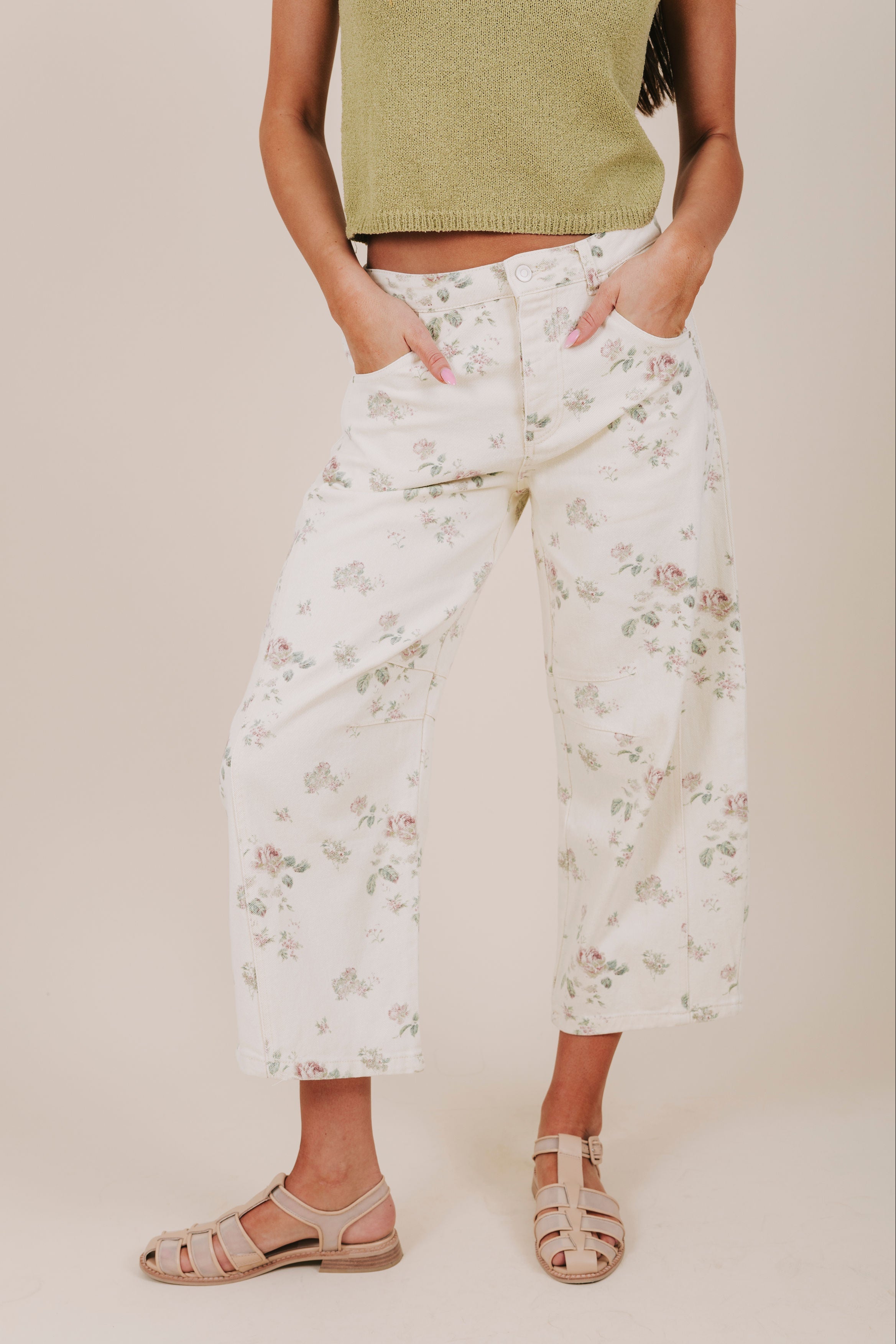 ivory floral barrel jeans front