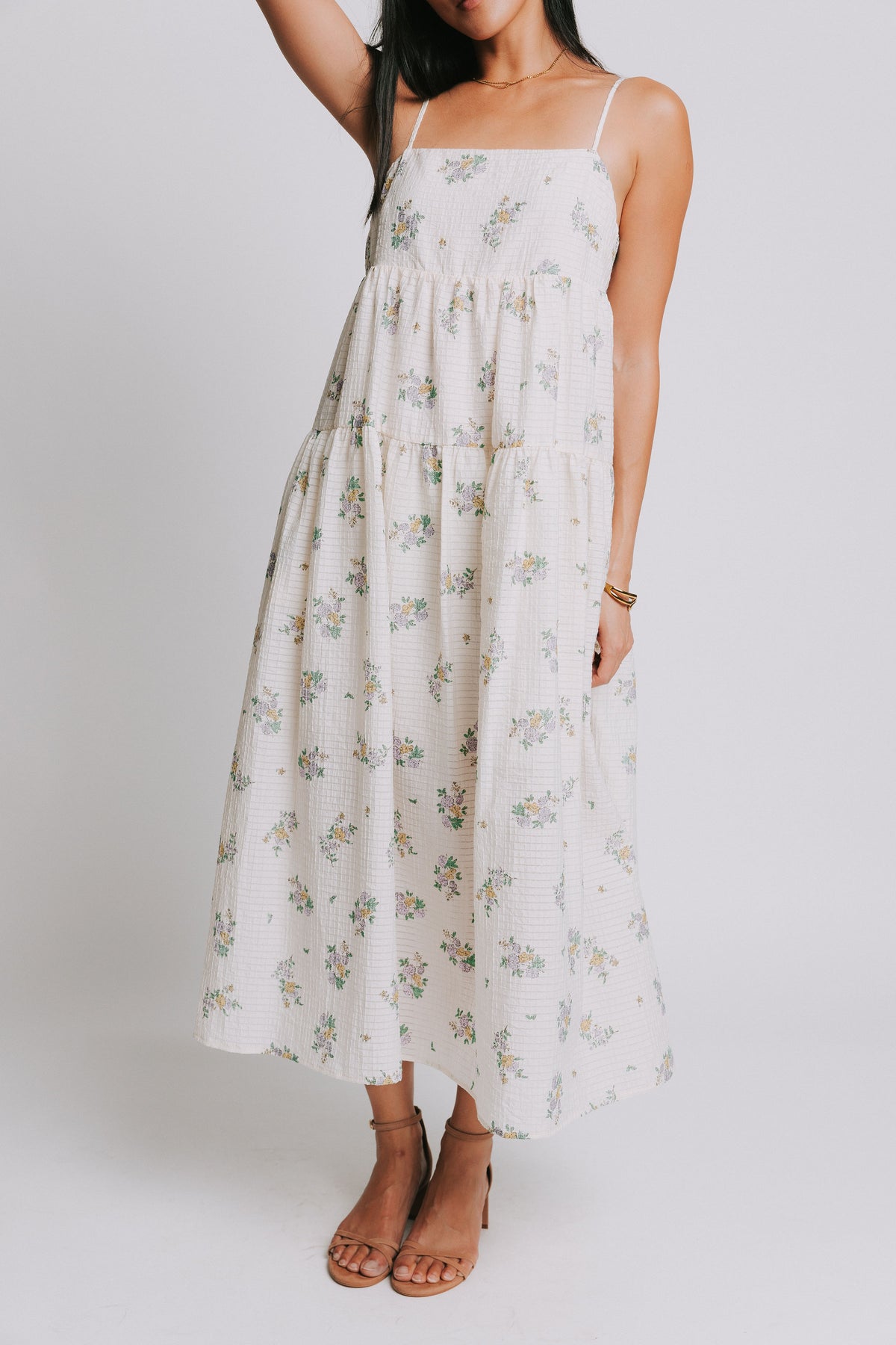 ivory floral spaghetti strap square neck dress 