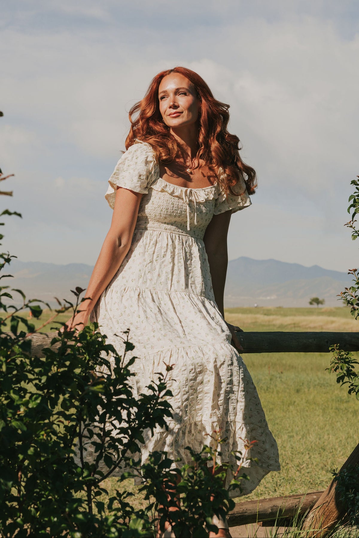 ivory floral tiered dress with flutter sleeves 