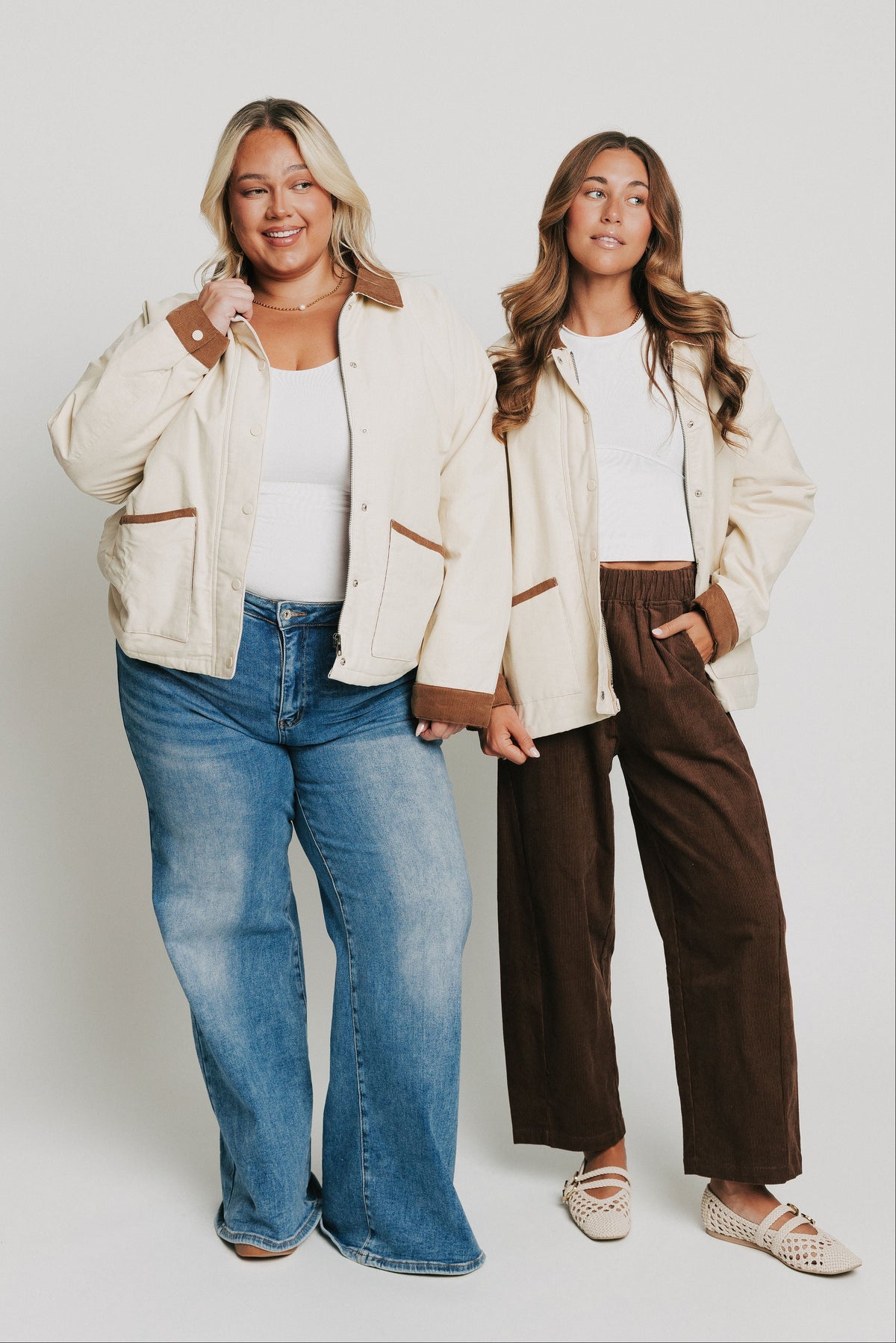 ivory jacket with brown corduroy cuffs models full