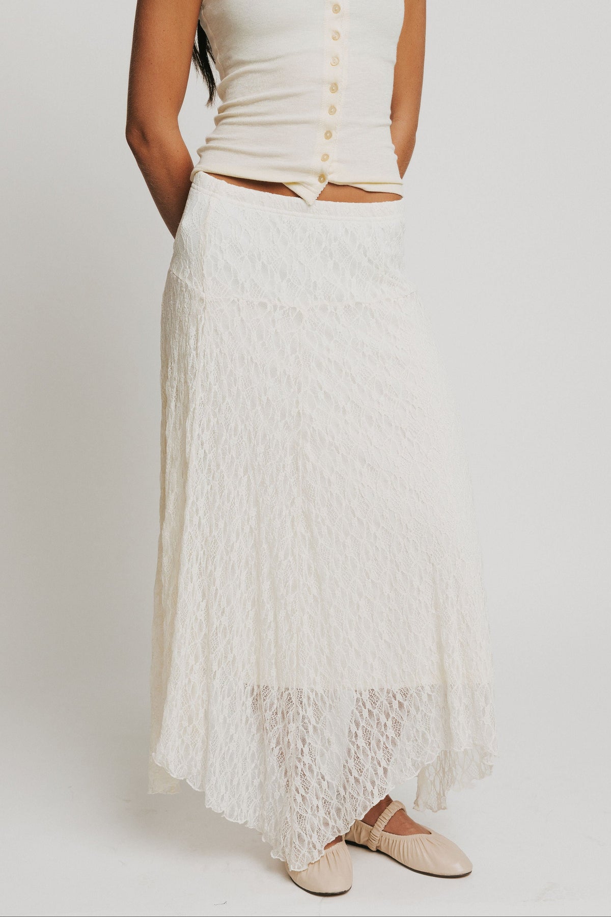 ivory lace maxi skirt with asymmetric hem 