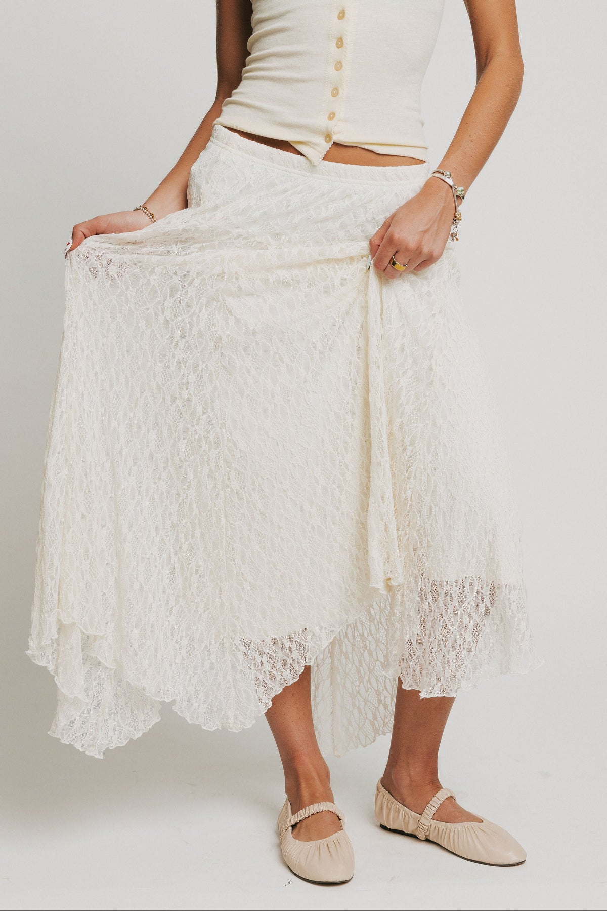 ivory lace maxi skirt with asymmetric hem 