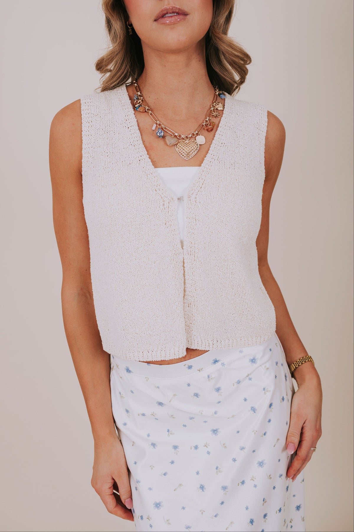 ivory lightweight knit vest top detail