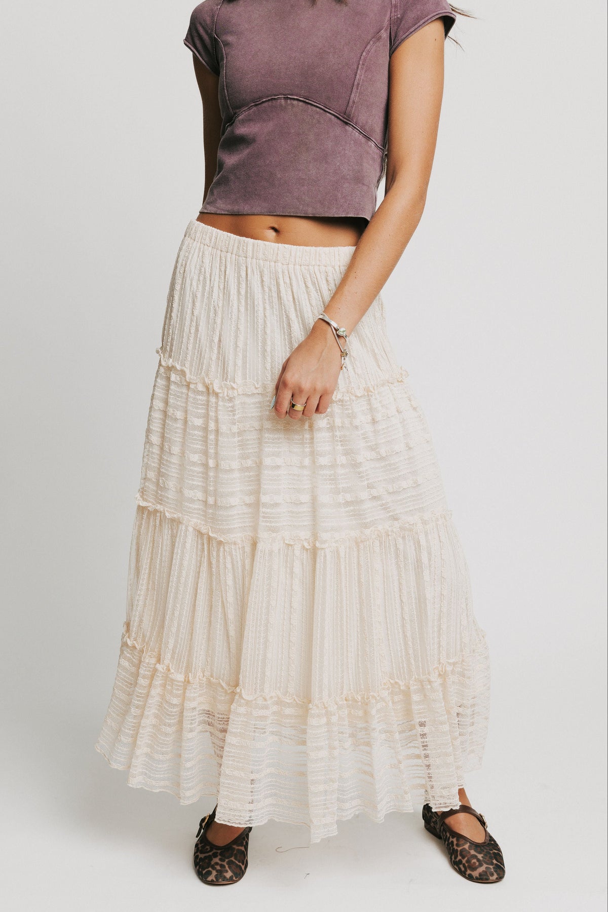 ivory maxi skirt with lace overlay 