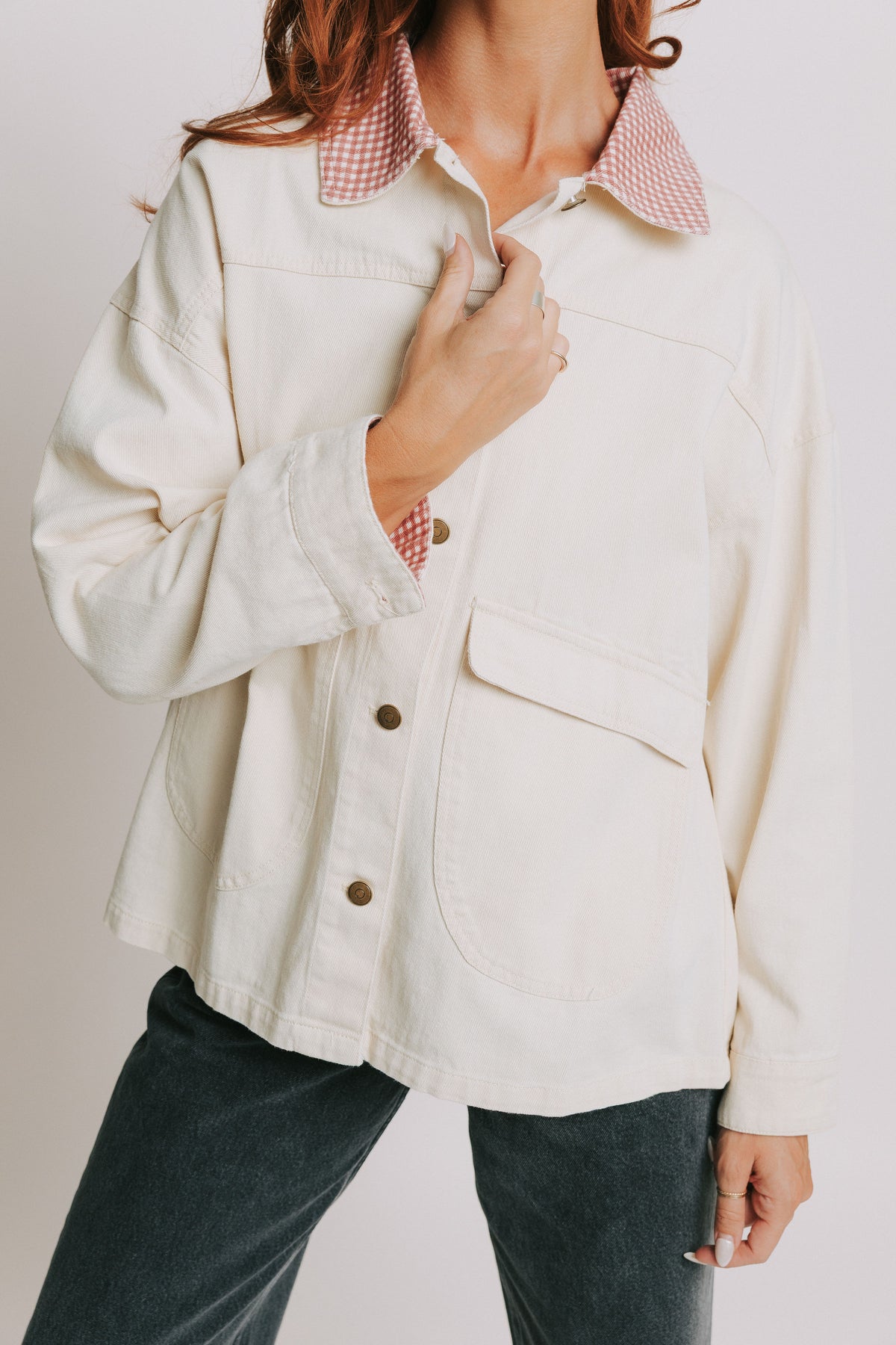 ivory oversized denim jacket with gingham collar front
