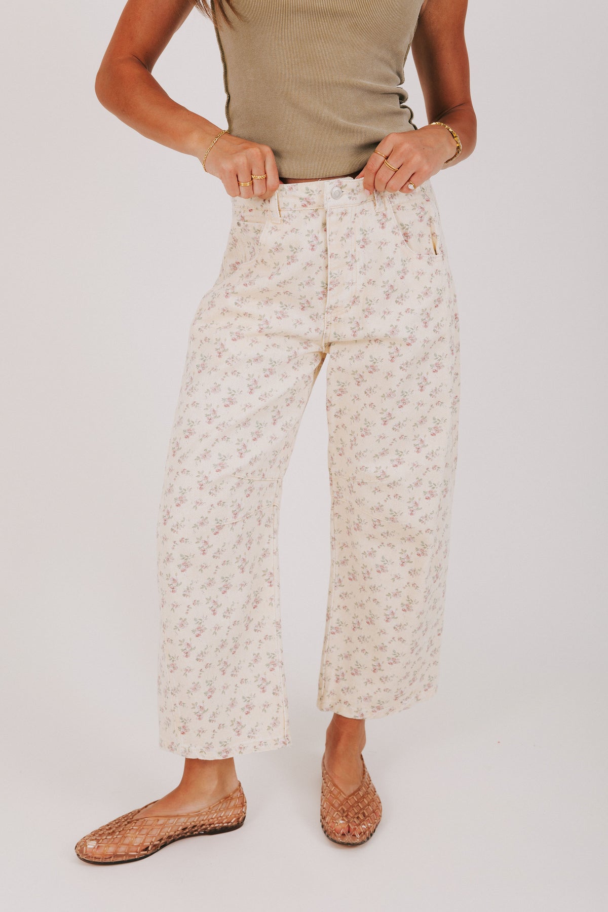 ivory pink floral barrel jeans 
