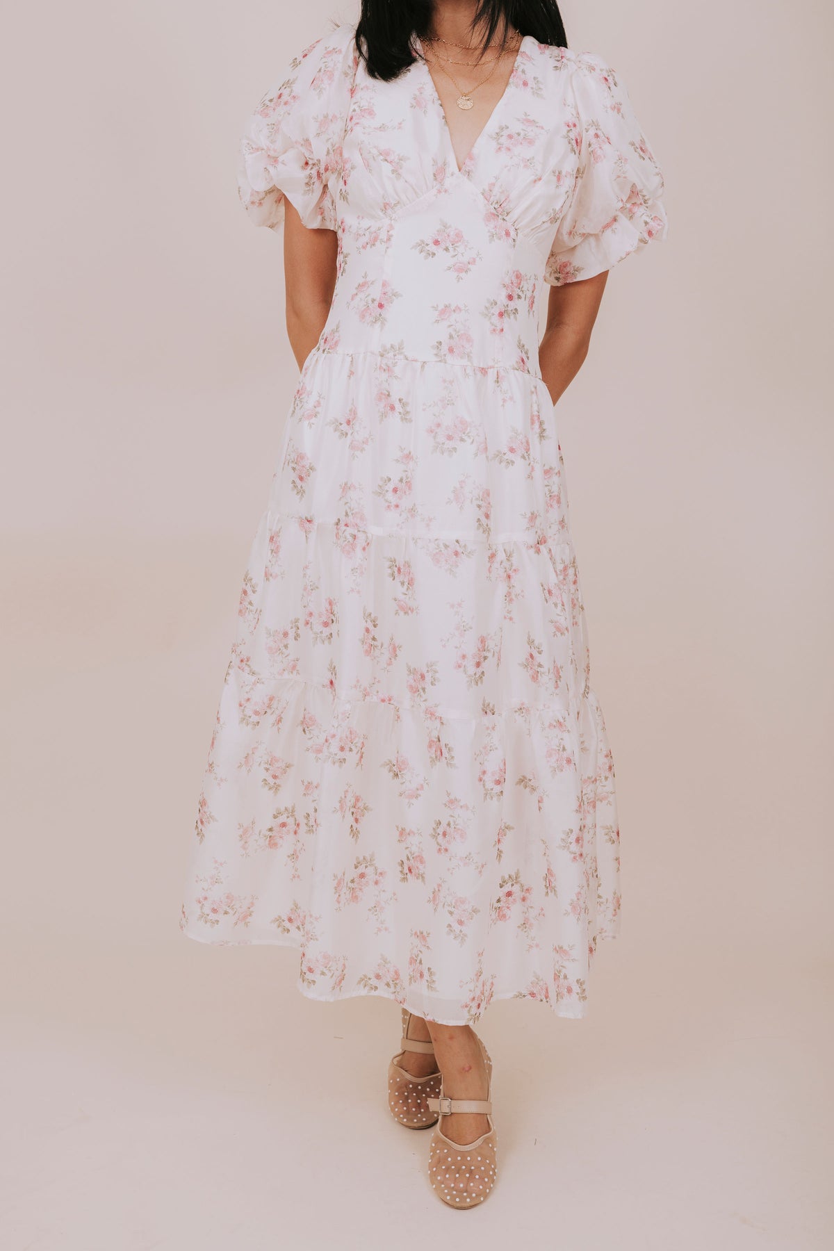 ivory pink floral v-neck maxi dress front