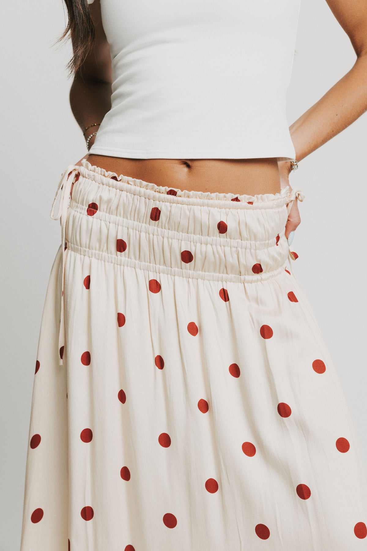 ivory polka dot midi skirt with elastic waistband