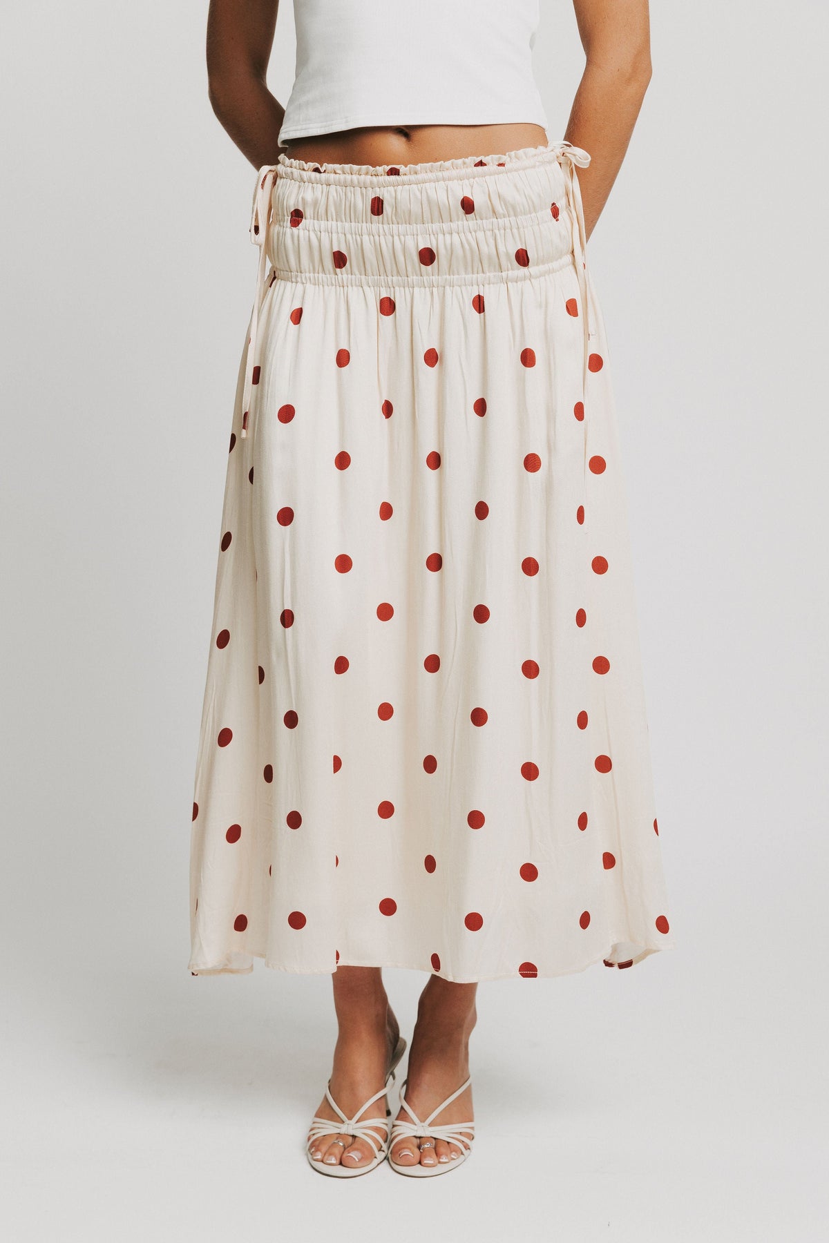 ivory polka dot midi skirt with ruched waistband