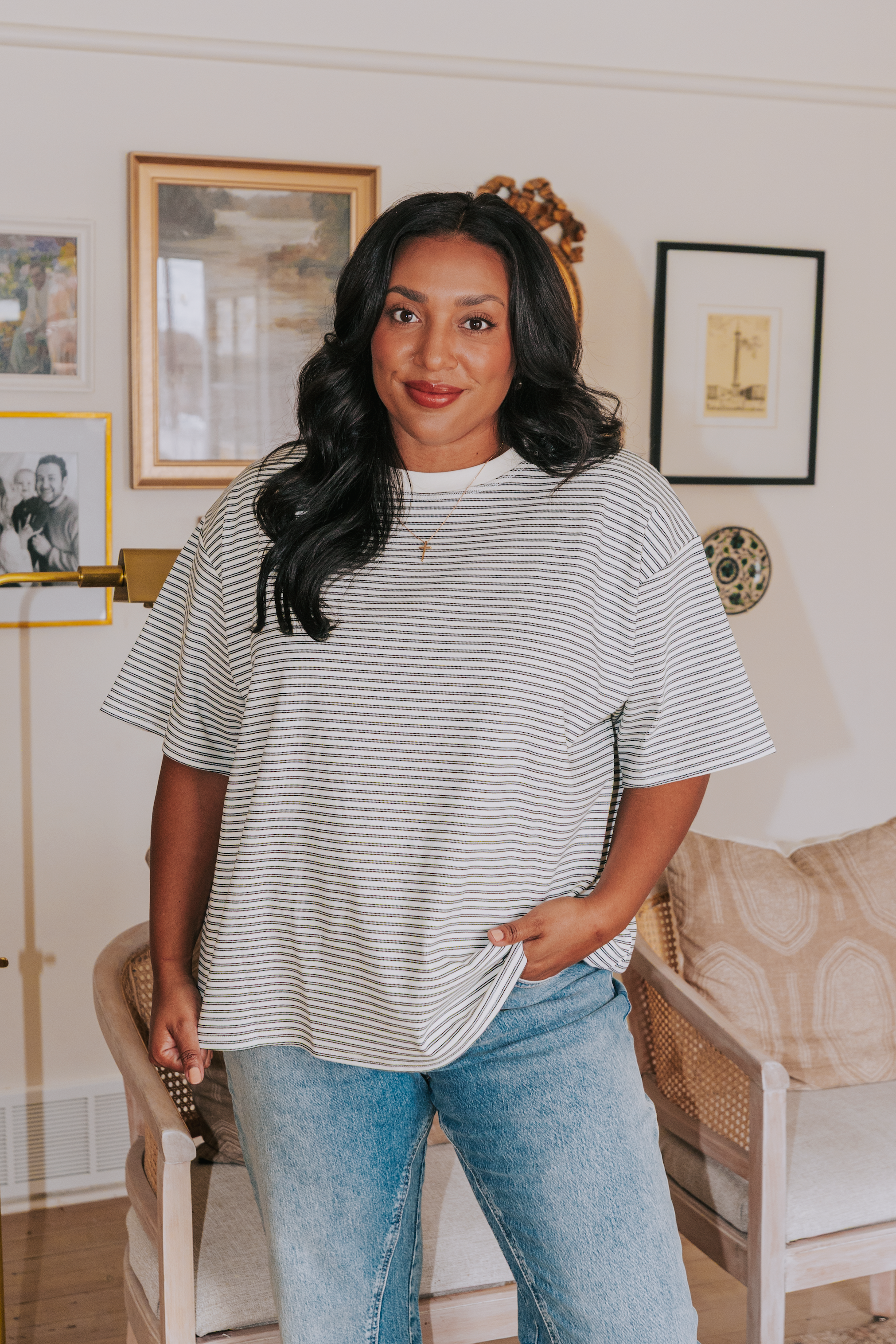 ivory tee shirt with grey stripes 