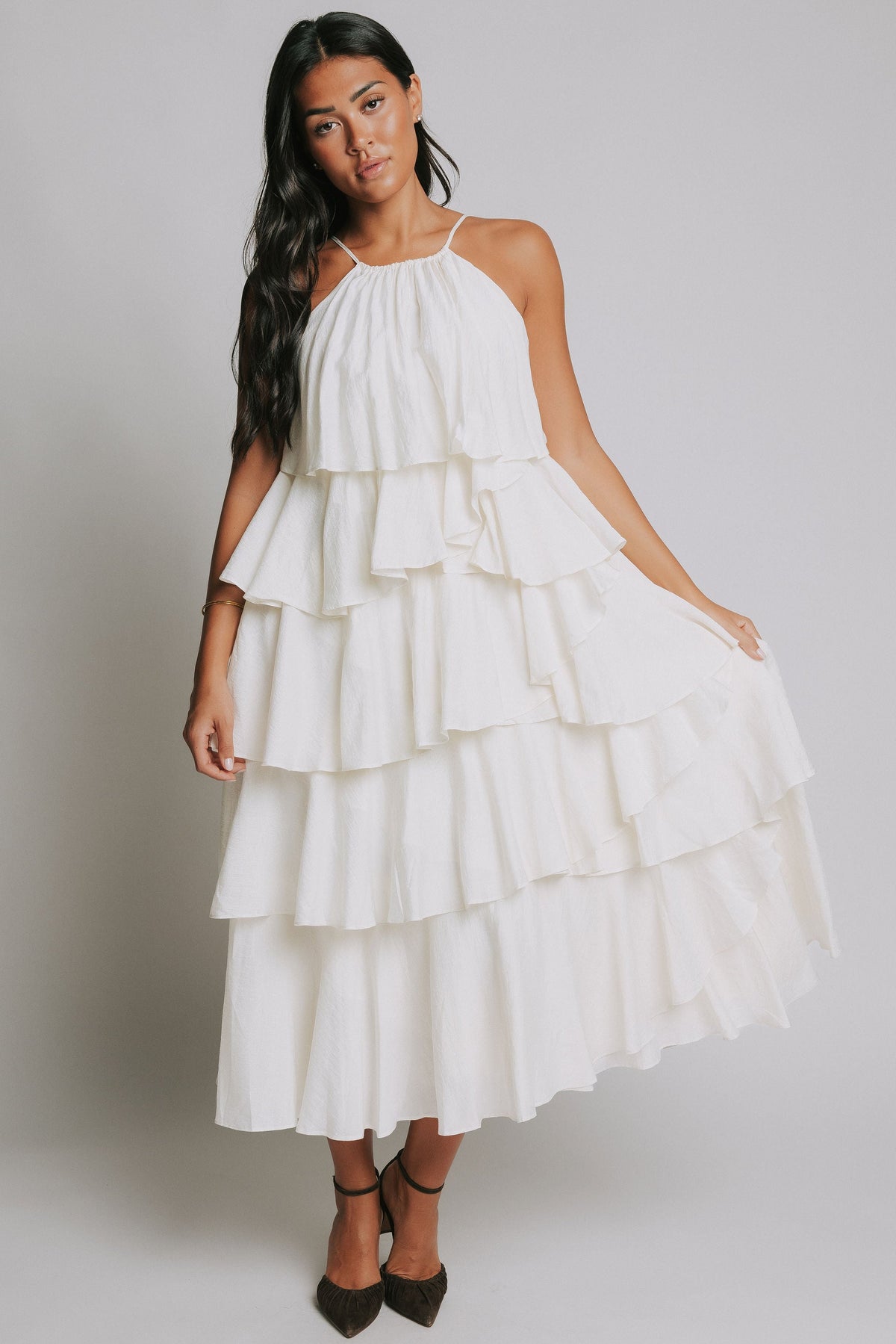 ivory tiered ruffle midi dress full