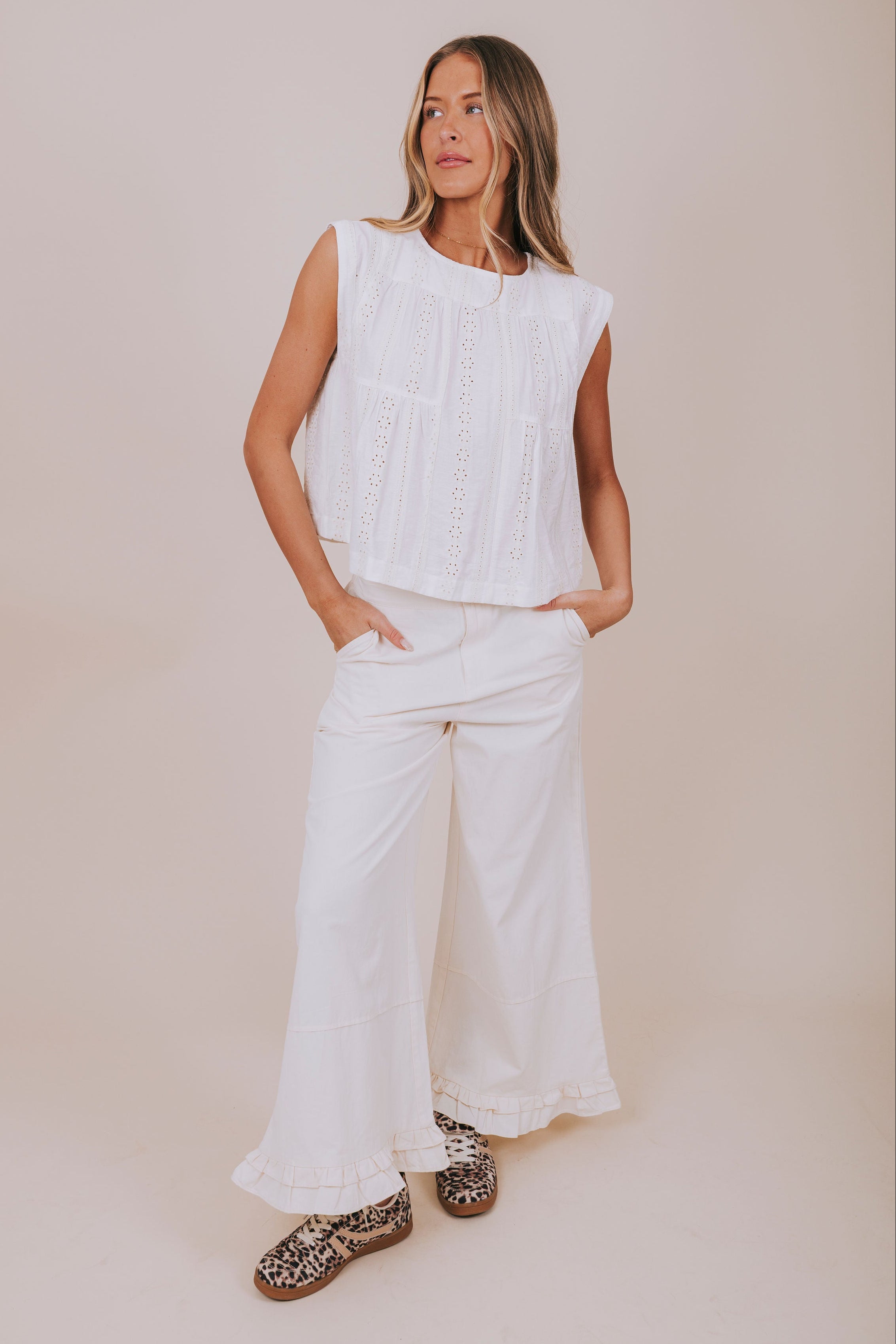 ivory wide leg ruffled hem pant full