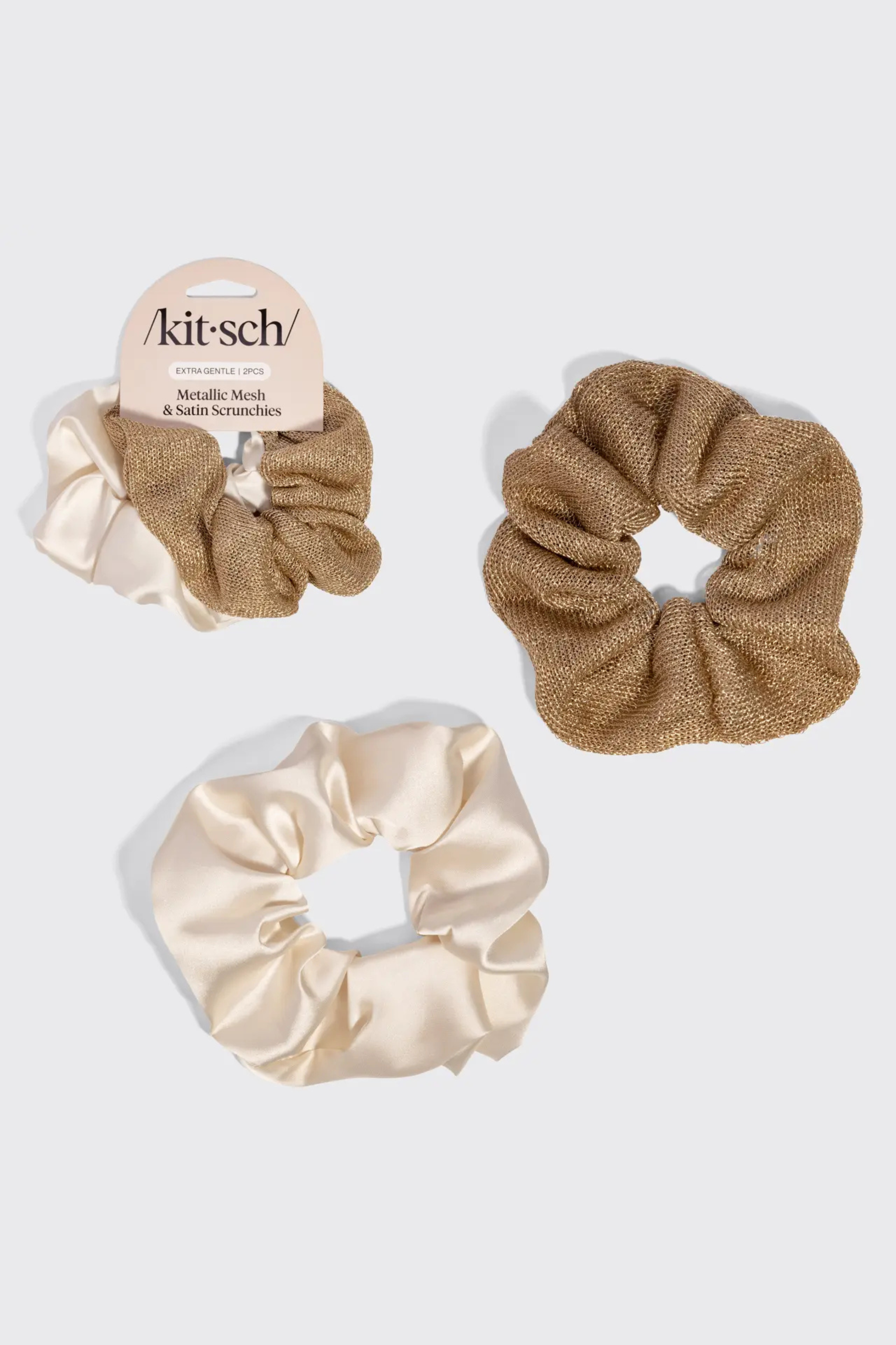 KITSCH - Metallic Mesh and Recycled Fabric Satin Scrunchies 2pc Set - Cream & Gold