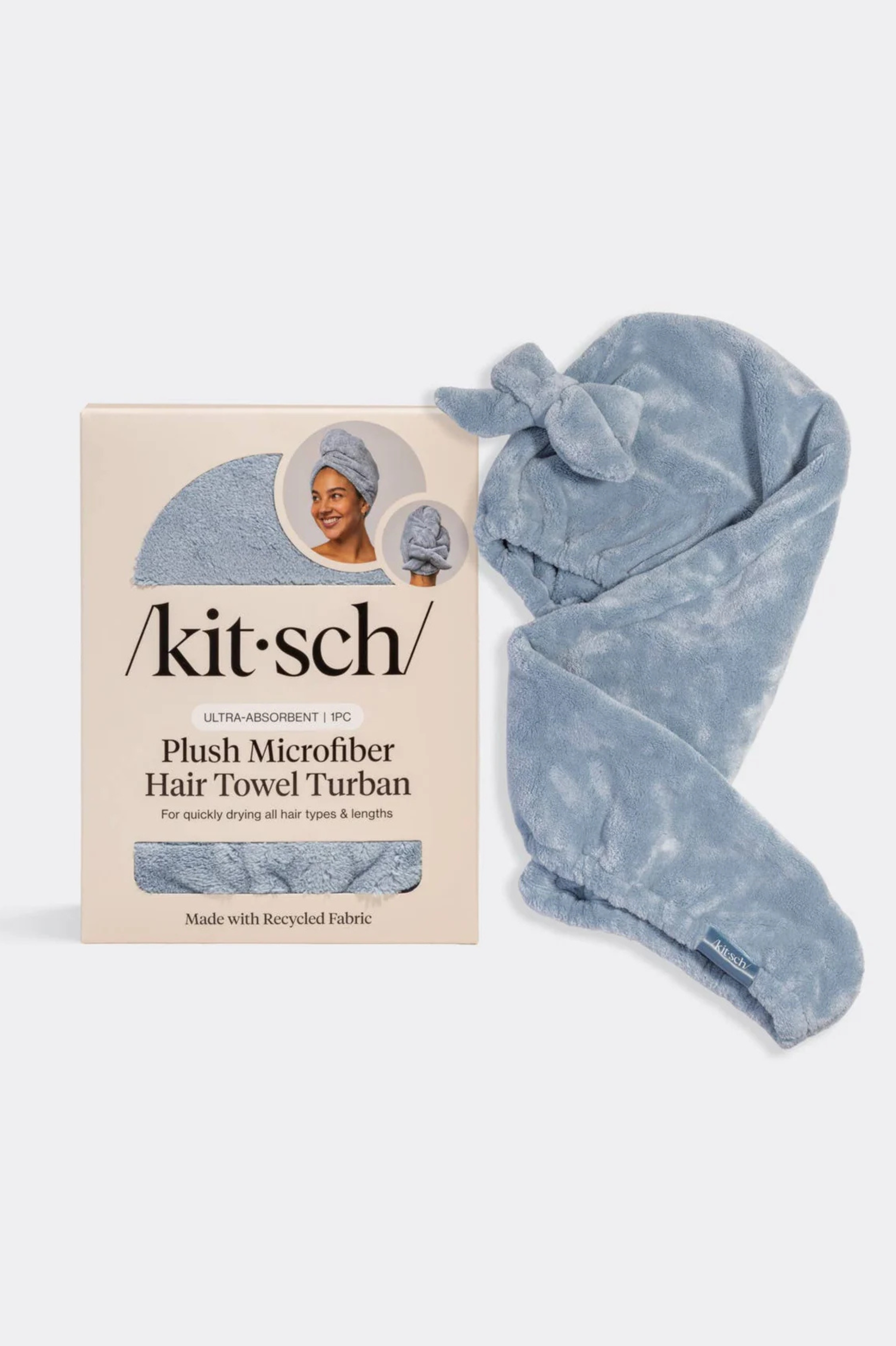 KITSCH - Plush Microfiber Hair Towel Turban with Bow - Coastal Blue
