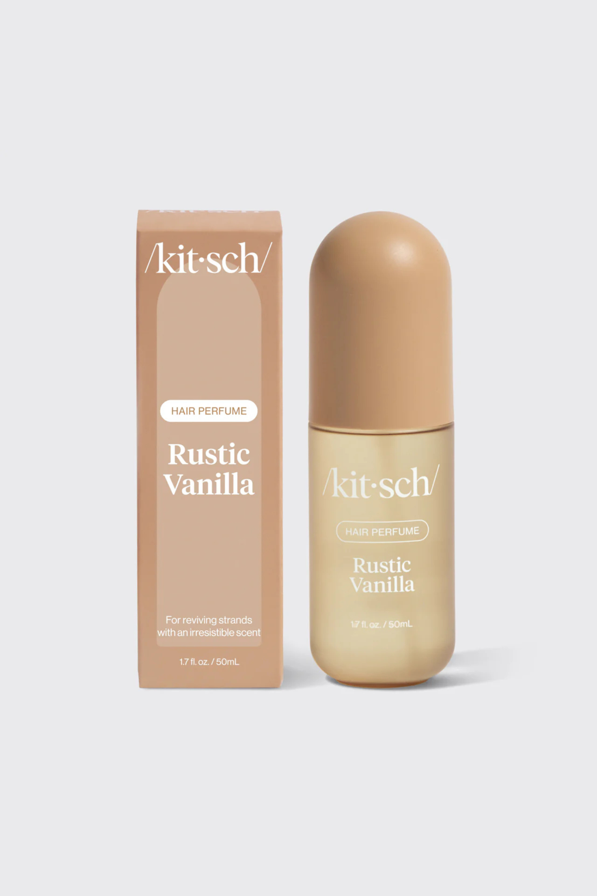 Kit-sch Rustic Vanilla hair perfume bottle and packaging on a white background