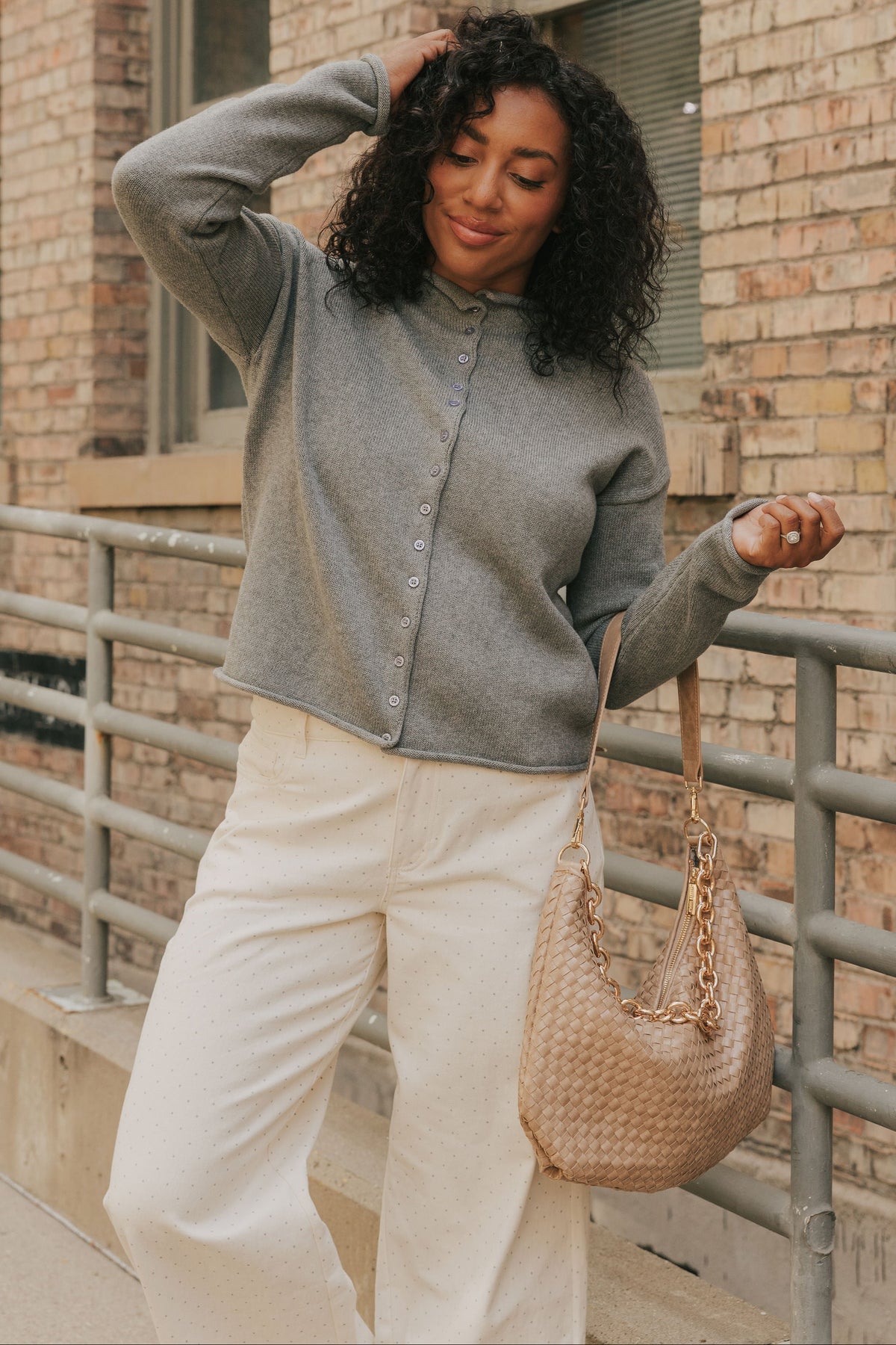 knit cardigan with rolled edges and buttons lifestyle