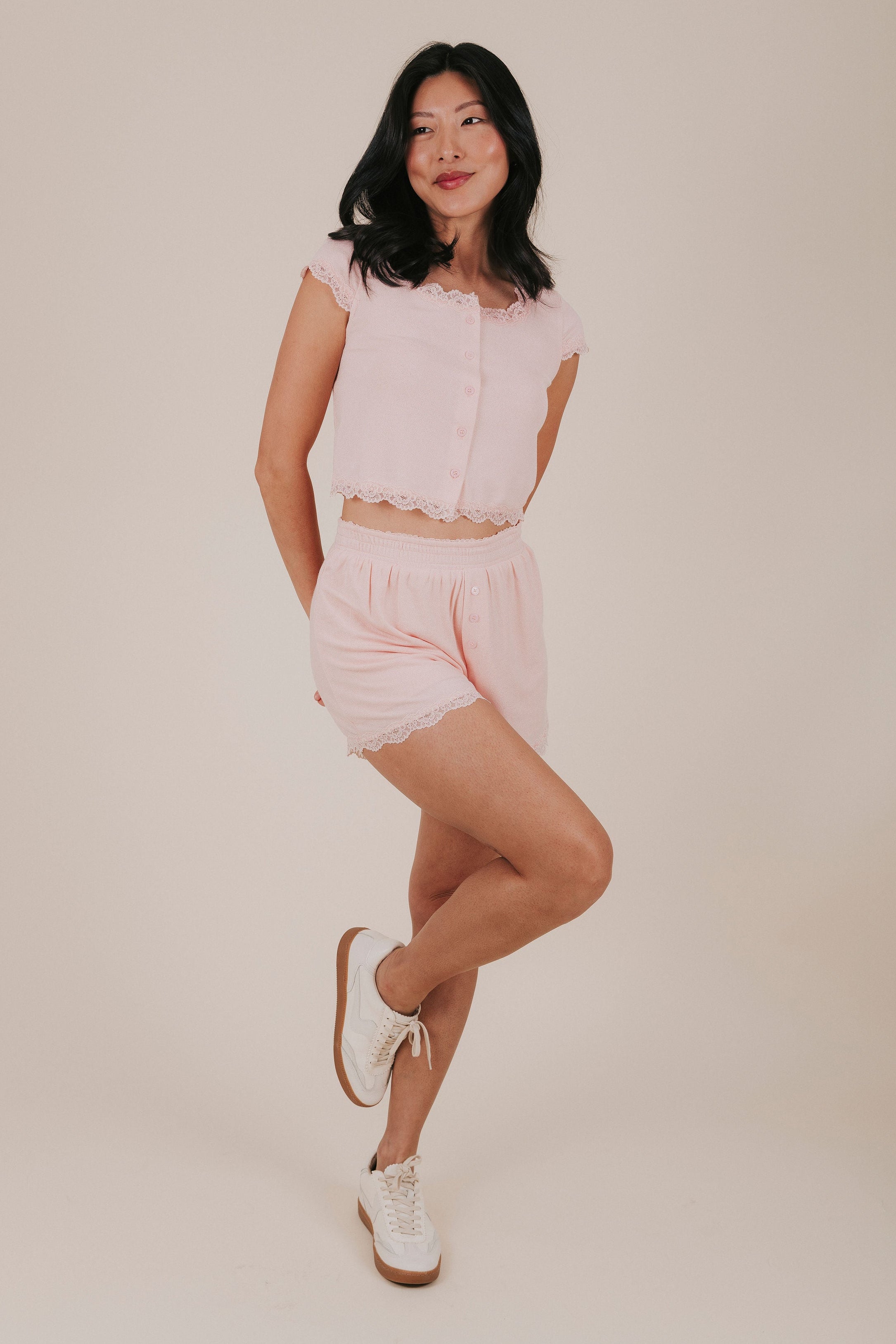 light pink lace lounge short set full