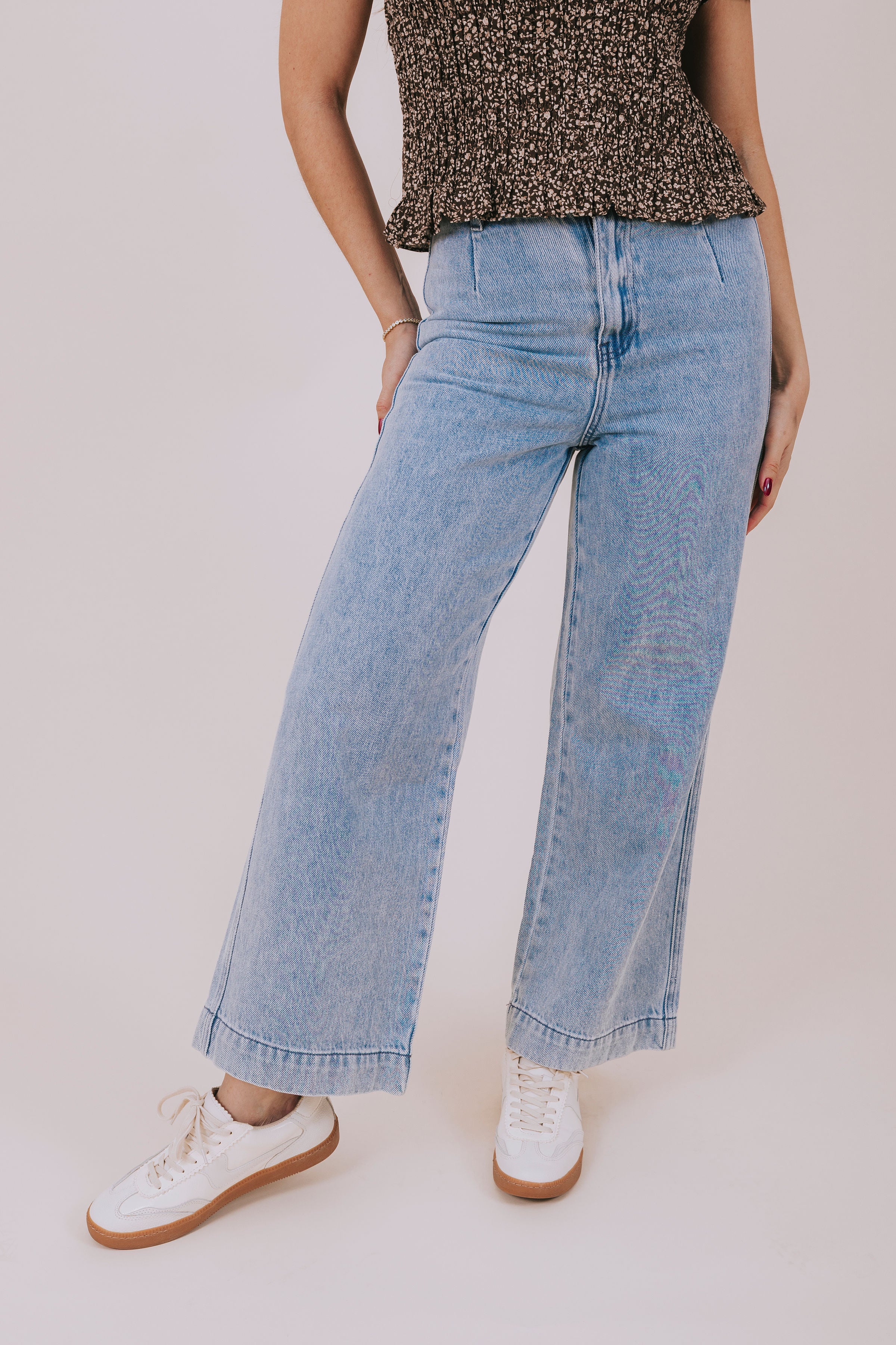 light washed wide leg denim front