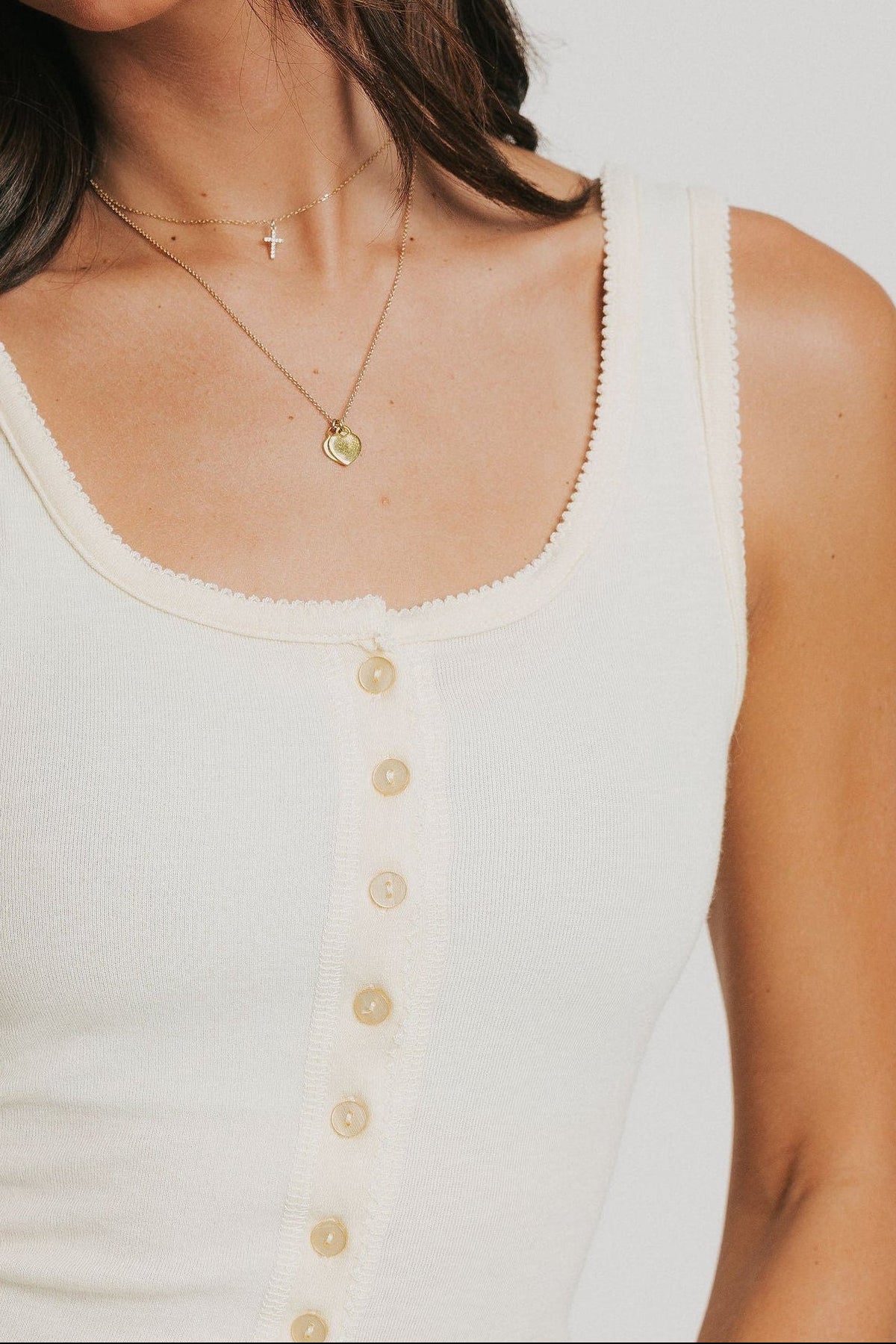 light yellow tank with buttons and picot trim