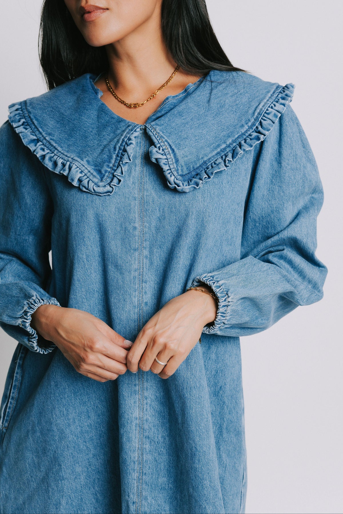 long sleeve denim mini dress with ruffled collar front