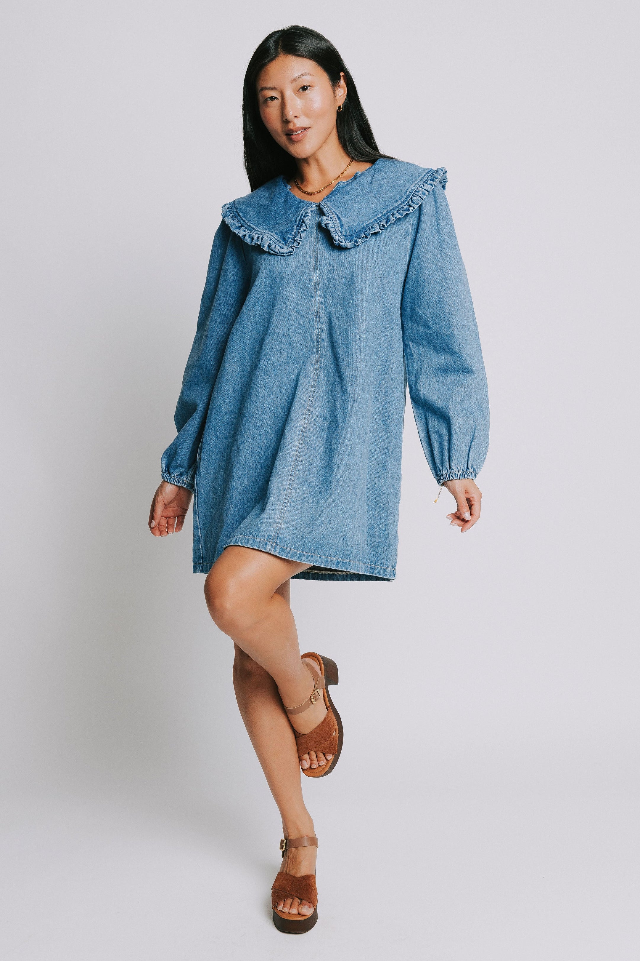 long sleeve denim mini dress with ruffled collar 