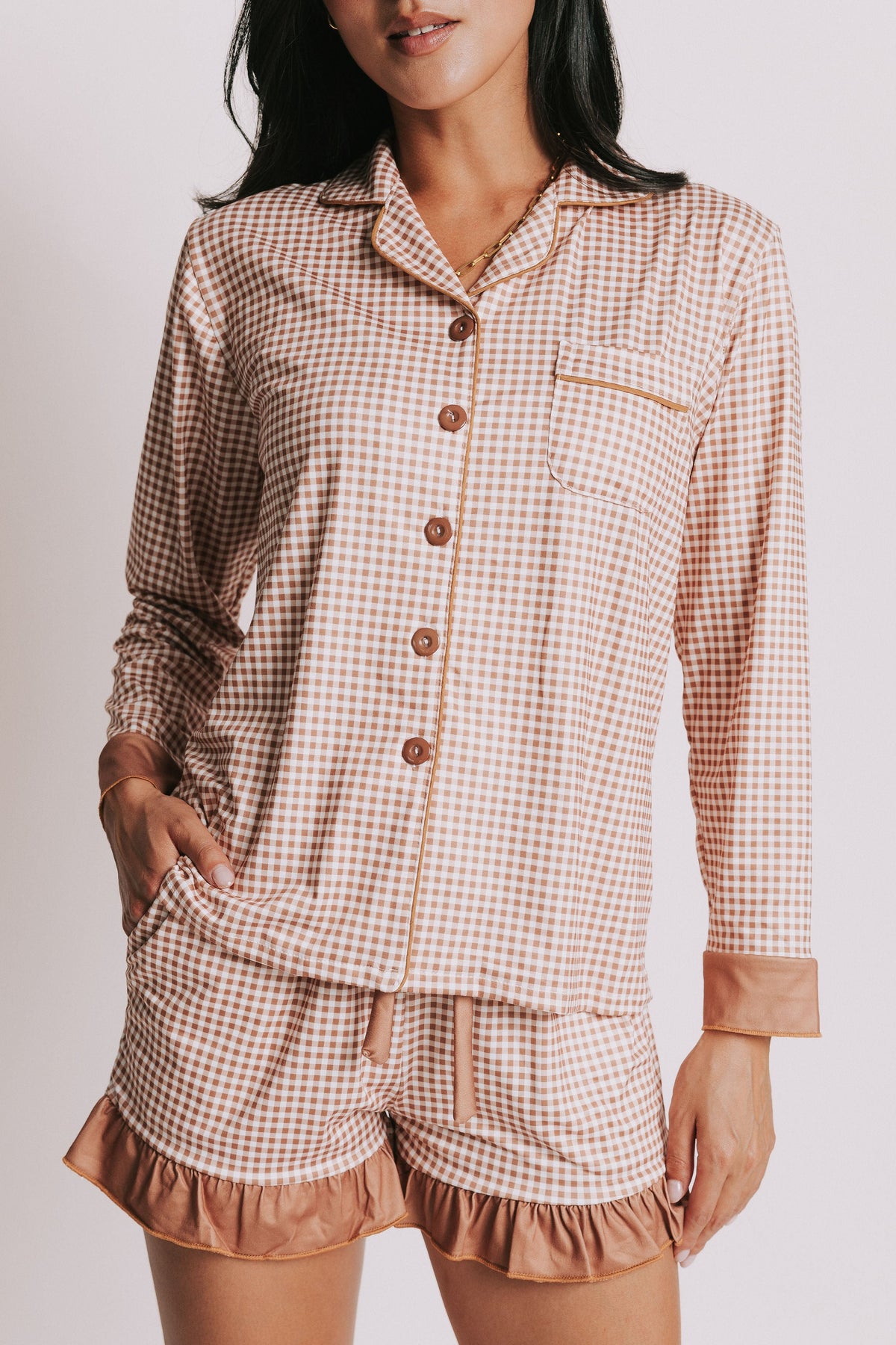 maple gingham print pajama shorts set front