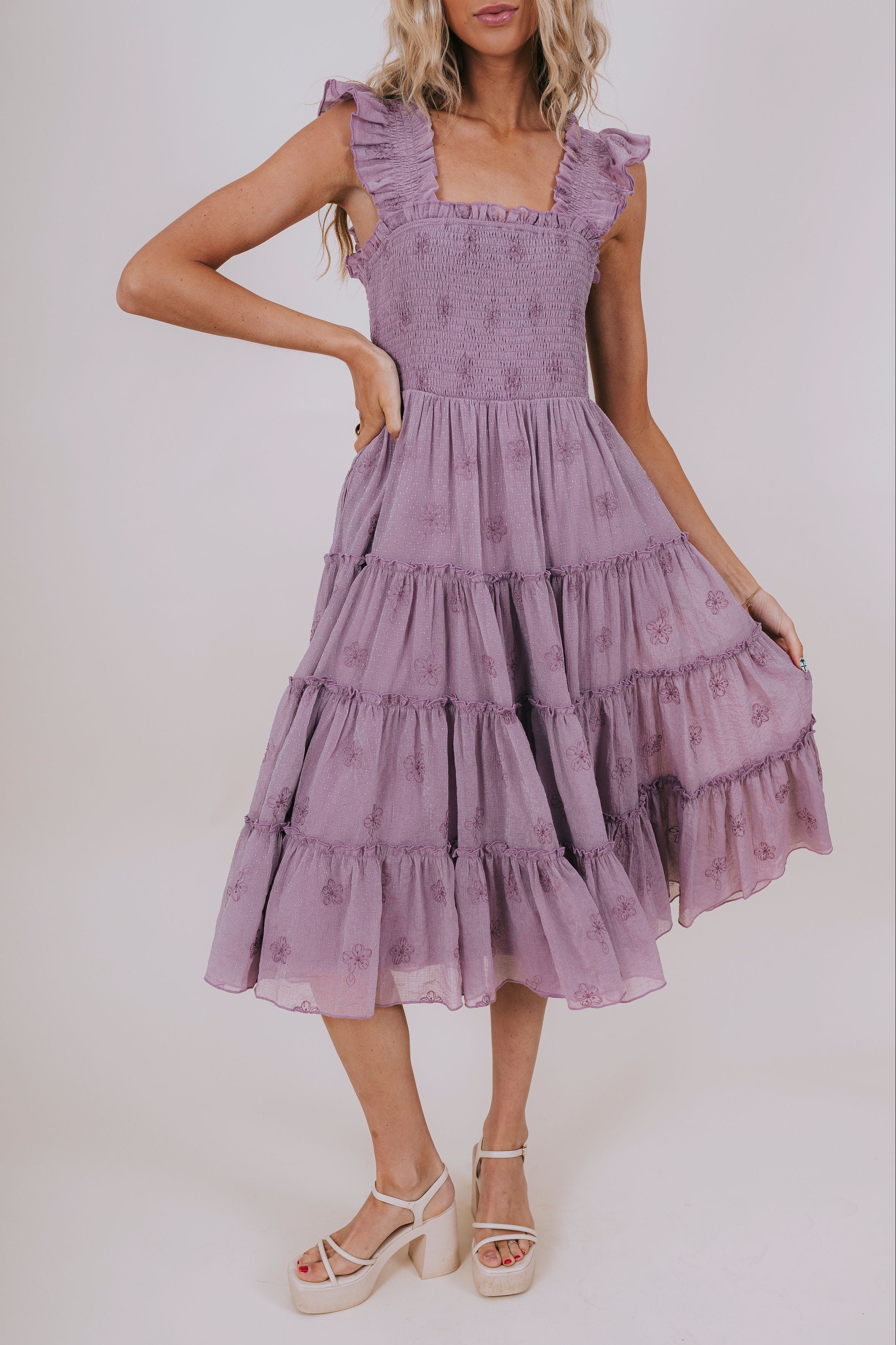 mauve smocked ruffle midi dress front