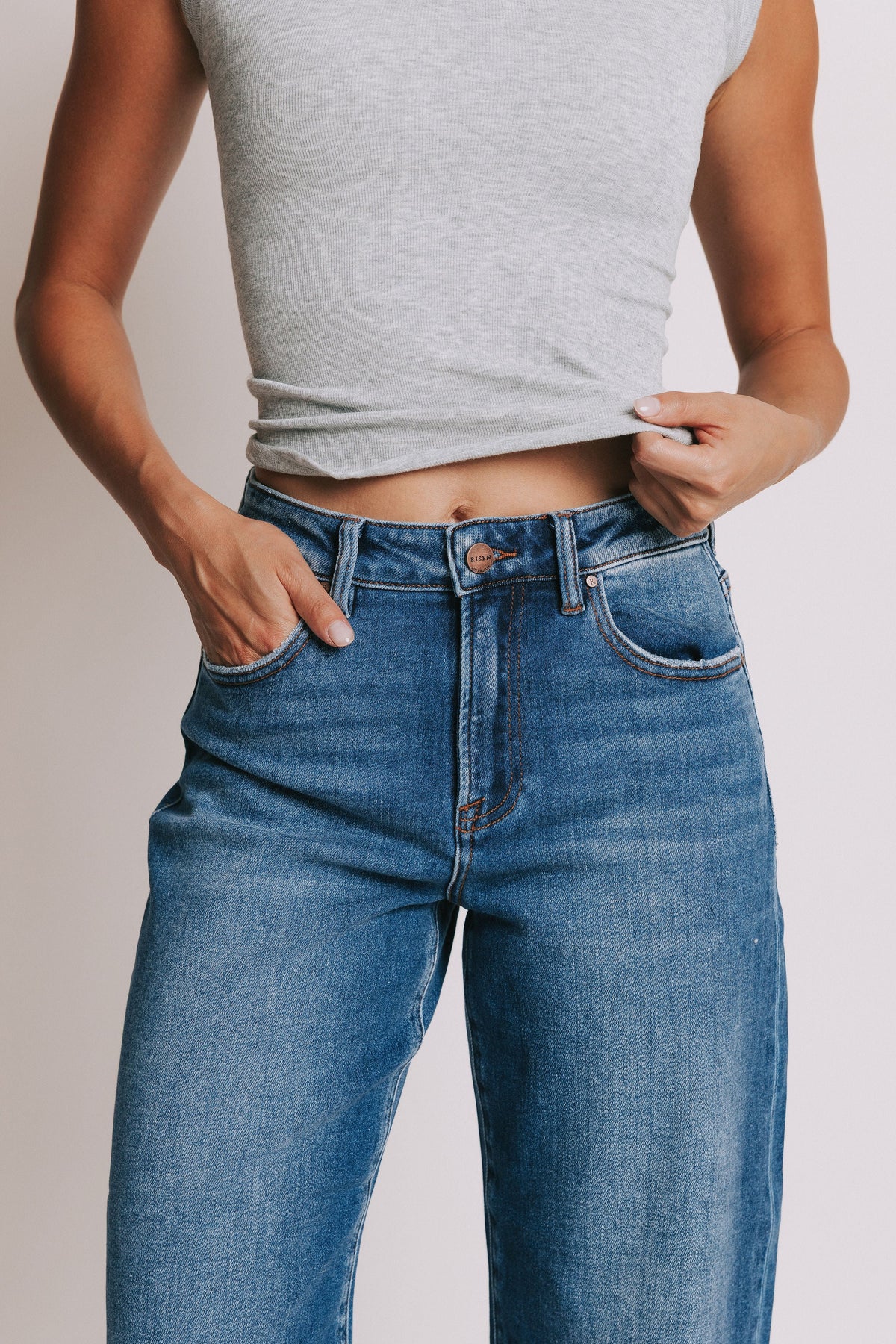 medium wash barrel jeans with cuffs