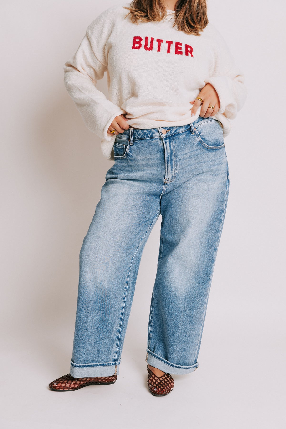 medium wash straight leg cuffed jeans 