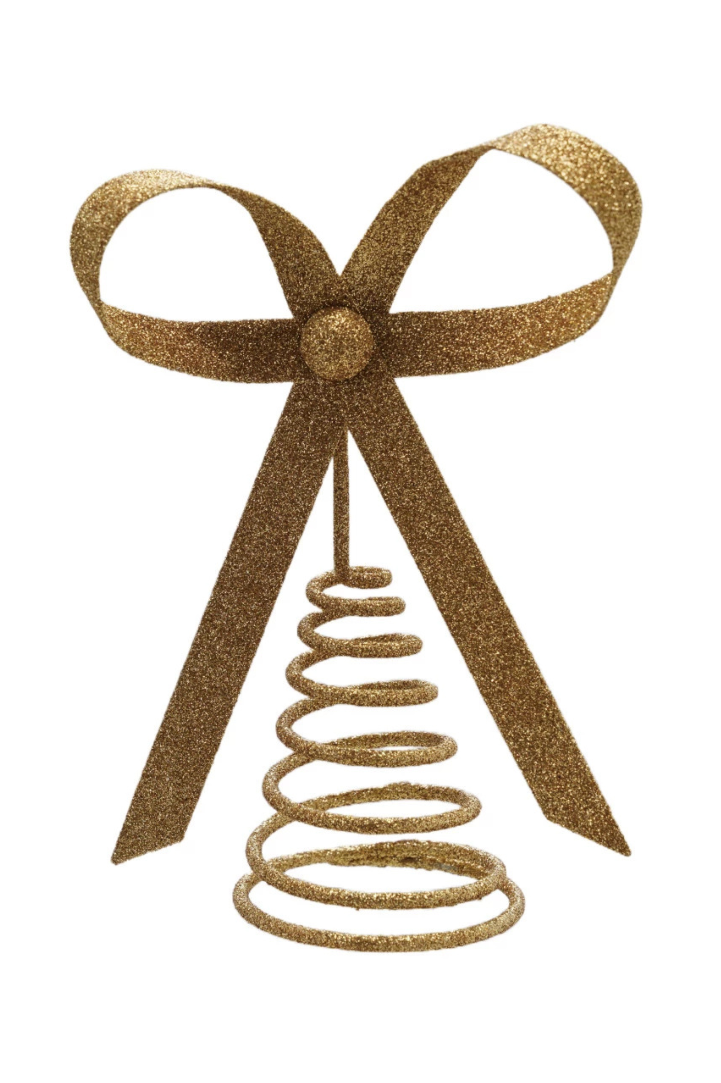 Decorative gold bow tree topper with a spiral base on a white background