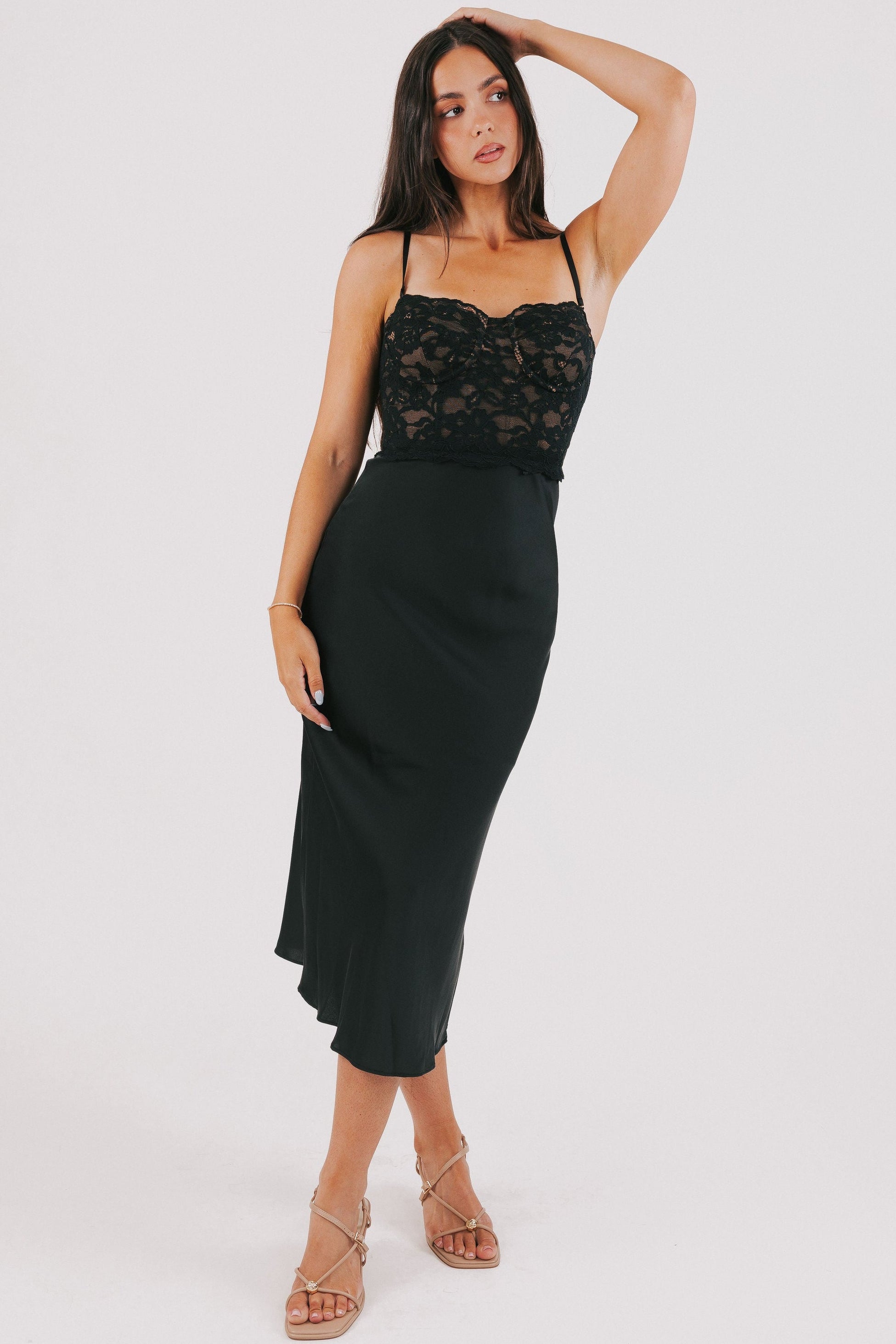 midi dress with lace bodice and satin skirt full