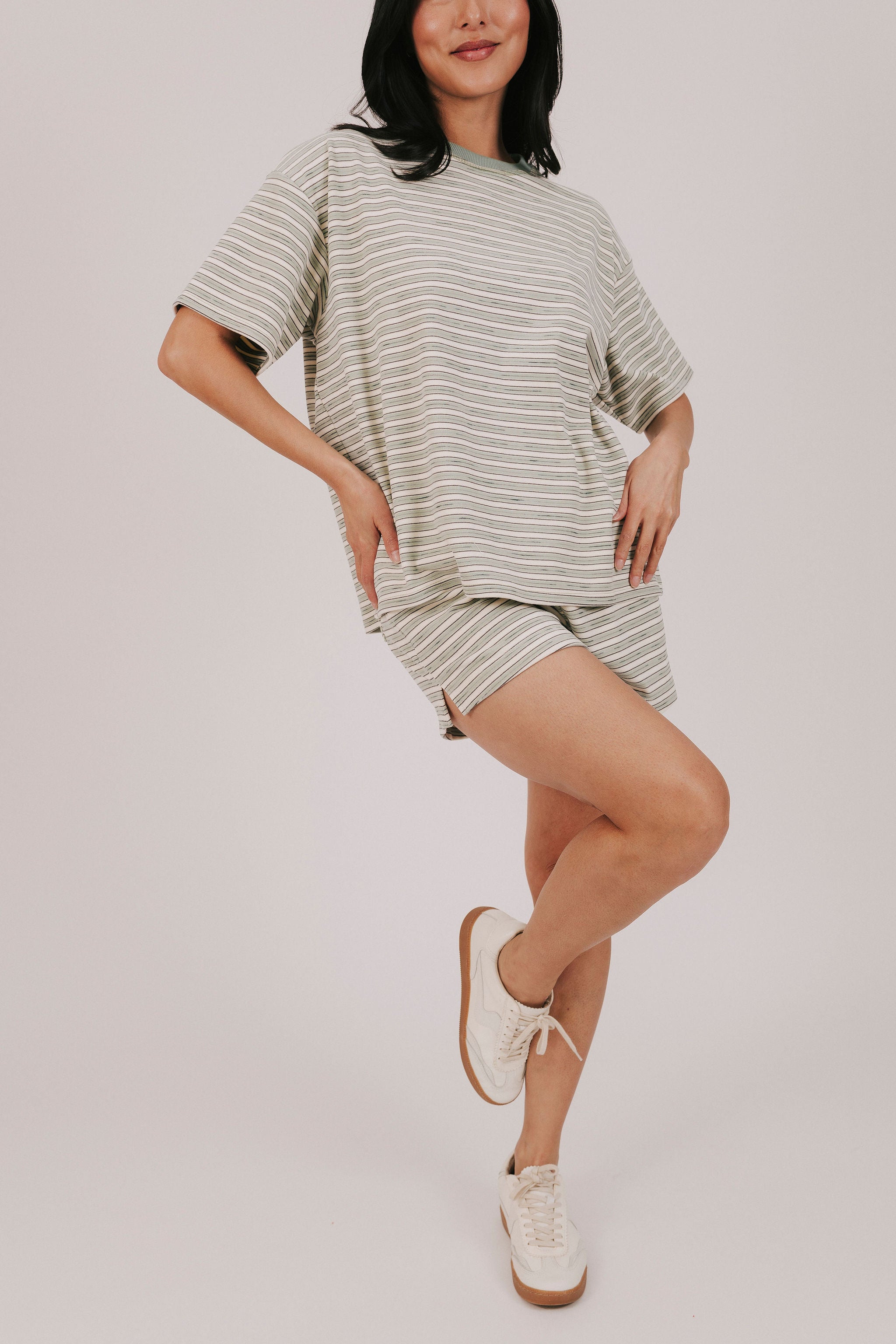 sage striped t-shirt with a contrast crew neck and short sleeves 